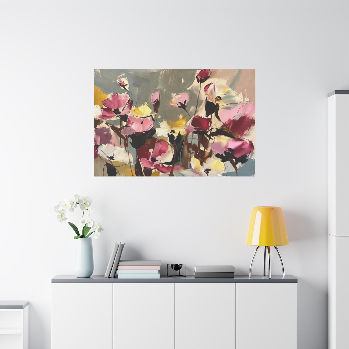 Floral Abstract Canvas Wall Art — Pink & Yellow Bloom Stretched Matte Print