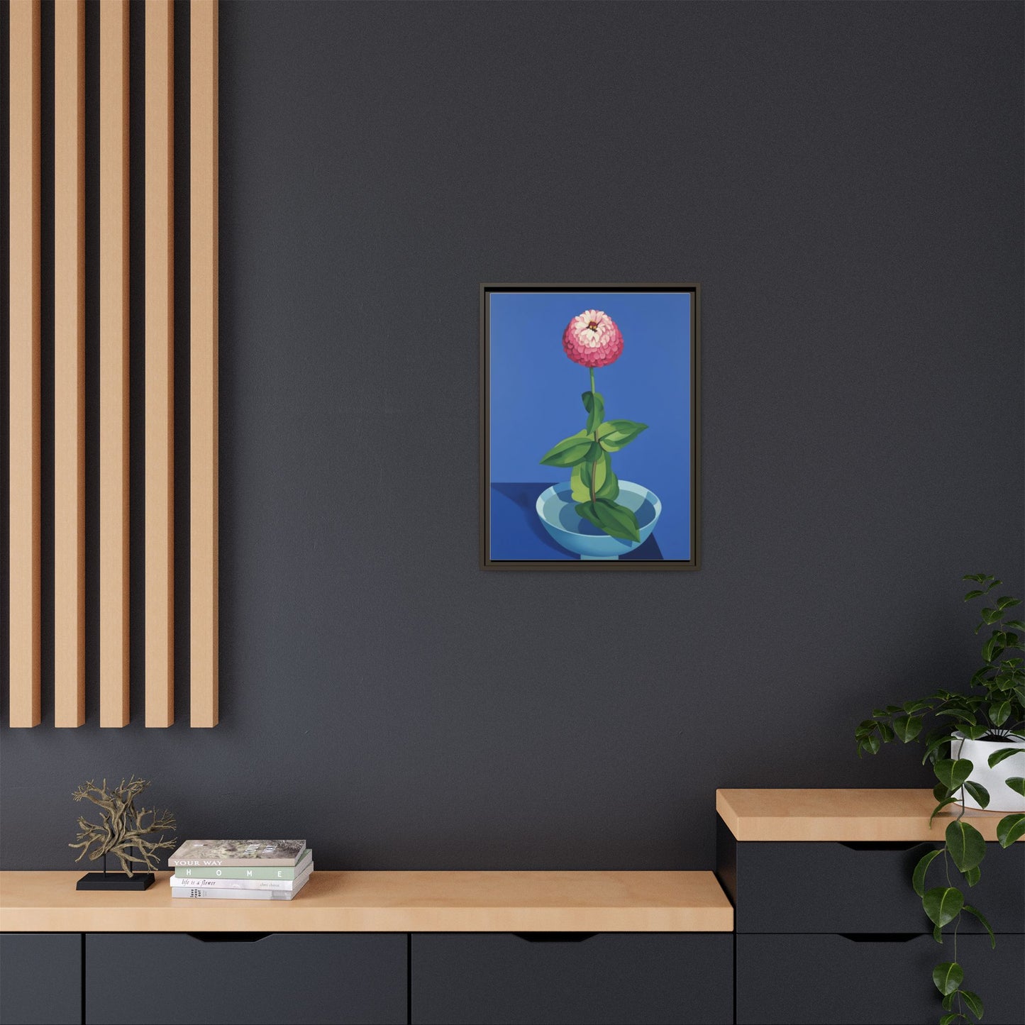 Framed Matte Canvas Art — Pink Zinnia in Blue Bowl (Botanical Still Life)