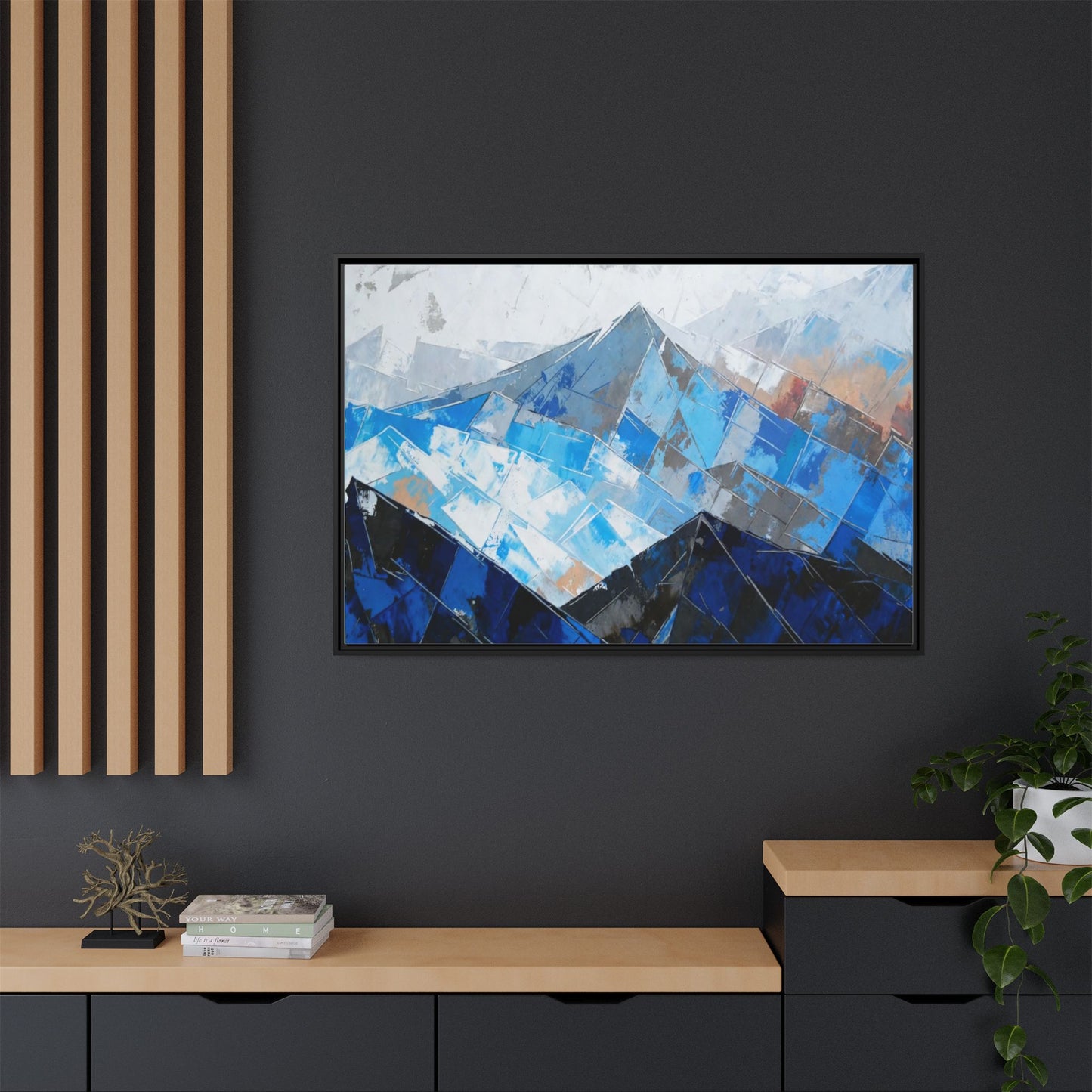 Framed Matte Canvas Blue Mountain Abstract Wall Art