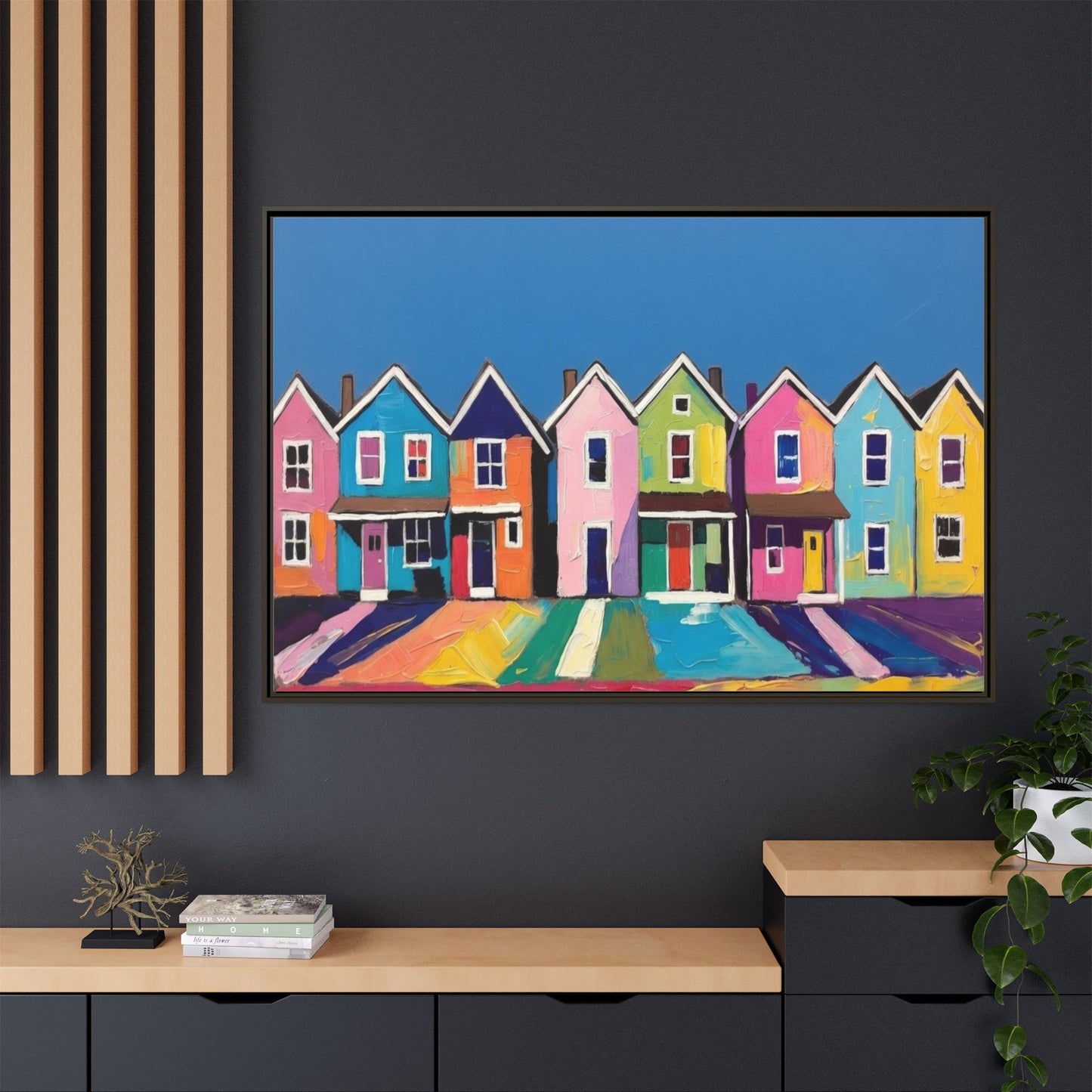 Colorful Beach Houses Matte Canvas Framed Wall Art
