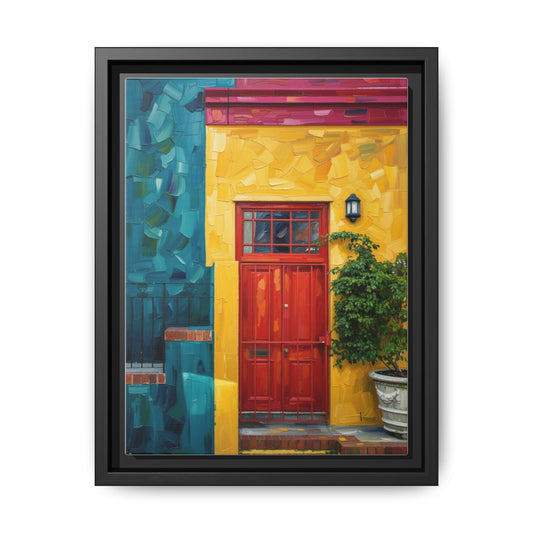 Framed Matte Canvas Wall Art — Colorful Red Door on Yellow Facade