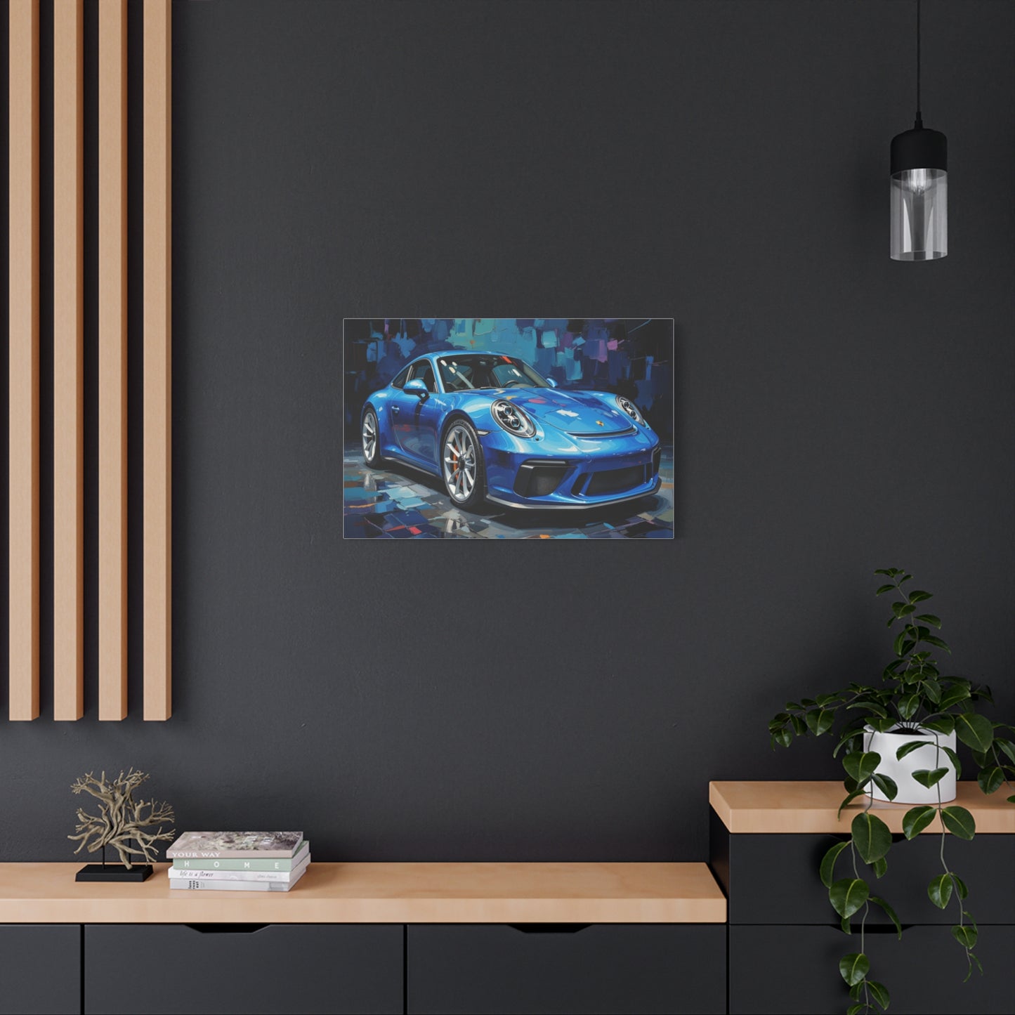 Blue Sports Car Canvas Wall Art — Modern Automotive Painting on Stretched Matte Canvas