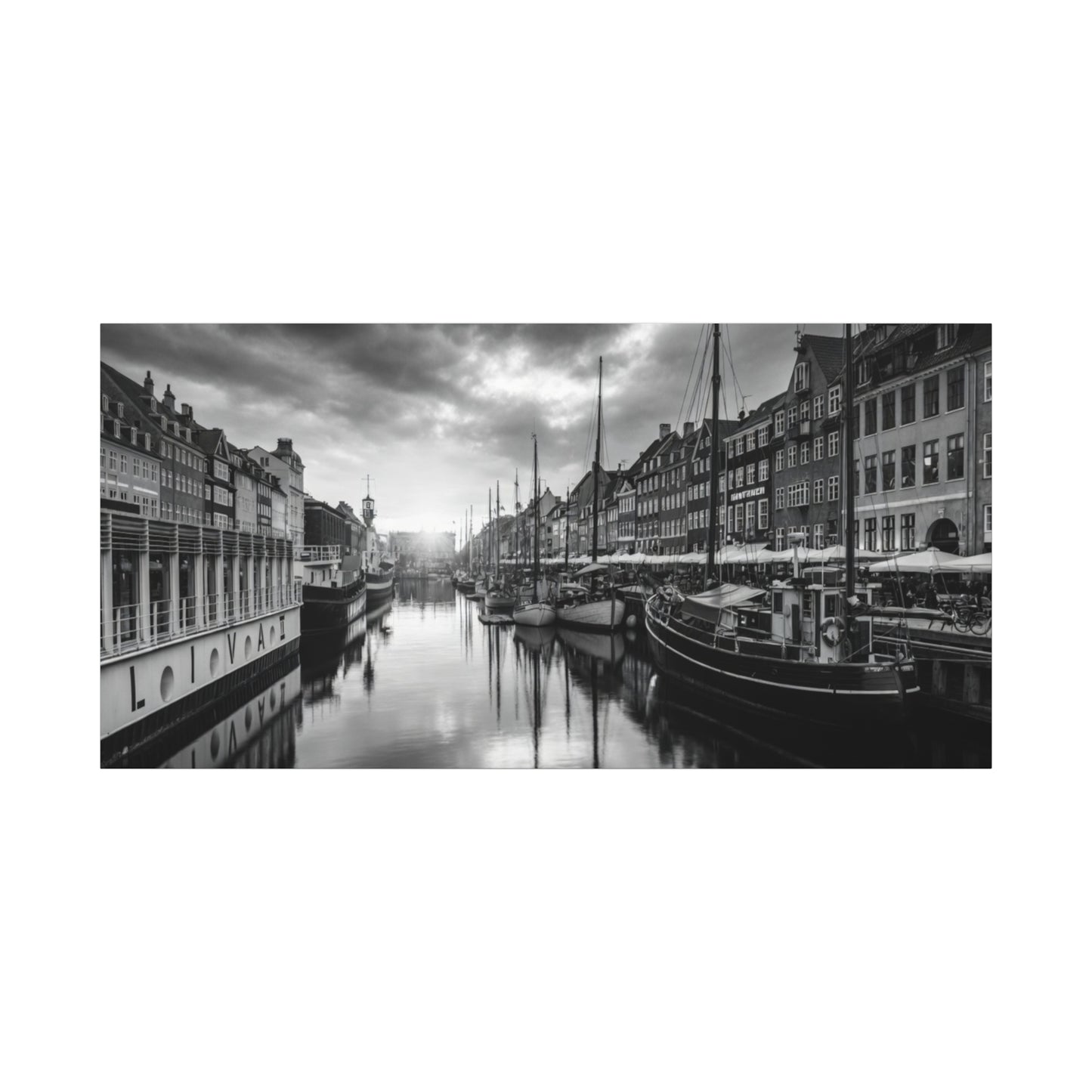 Black & White Harbor Canvas Print — Dramatic Copenhagen Cityscape Wall Art