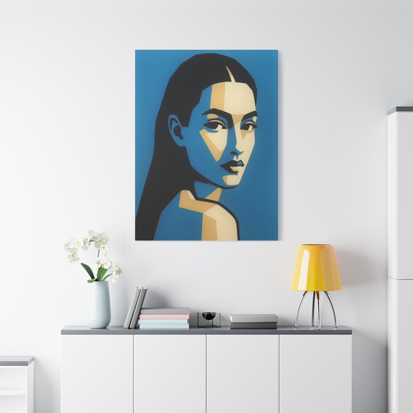 Blue Geometric Portrait Canvas - Modern Stretched Wall Art
