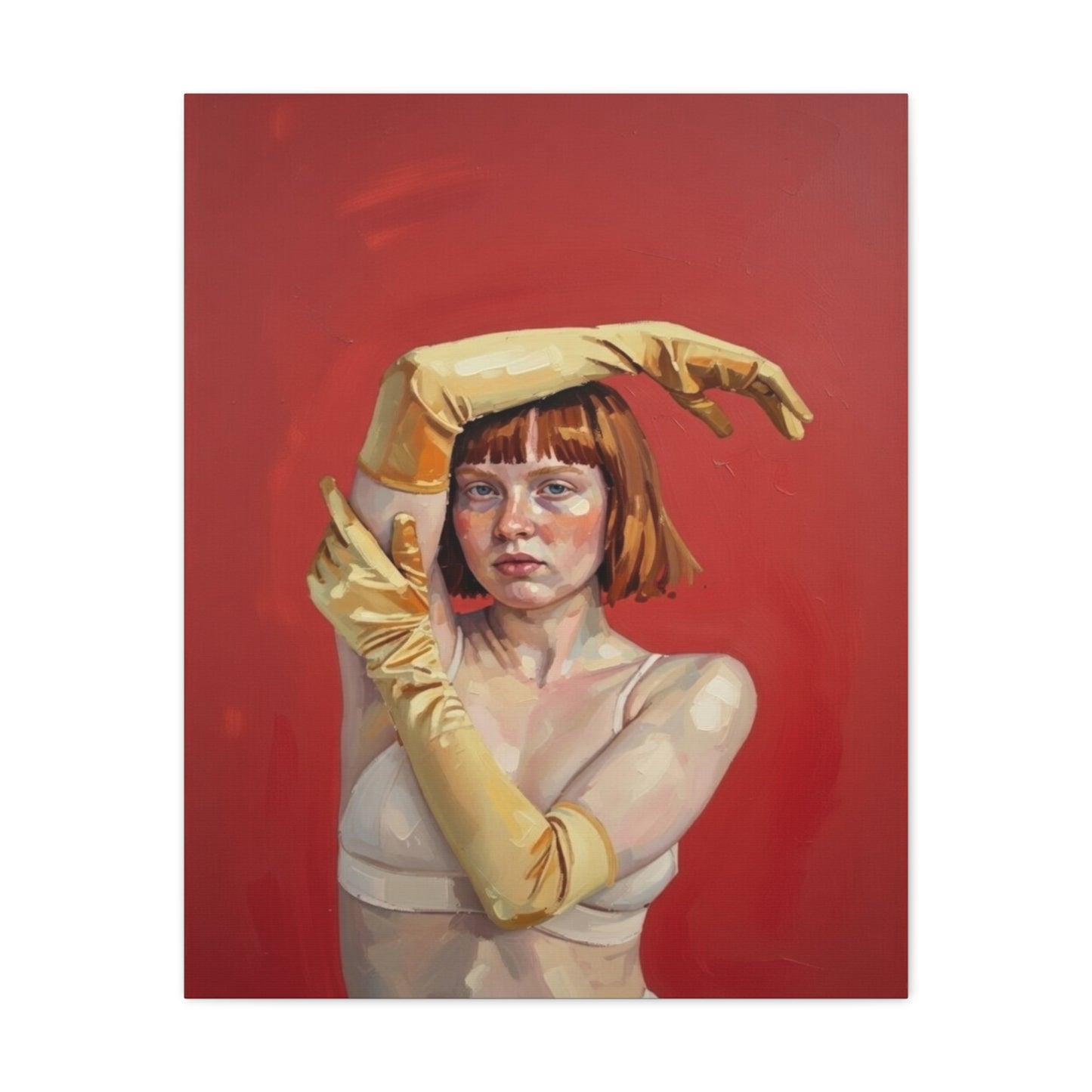 Figurative Portrait Canvas — Woman with Yellow Gloves on Red Background