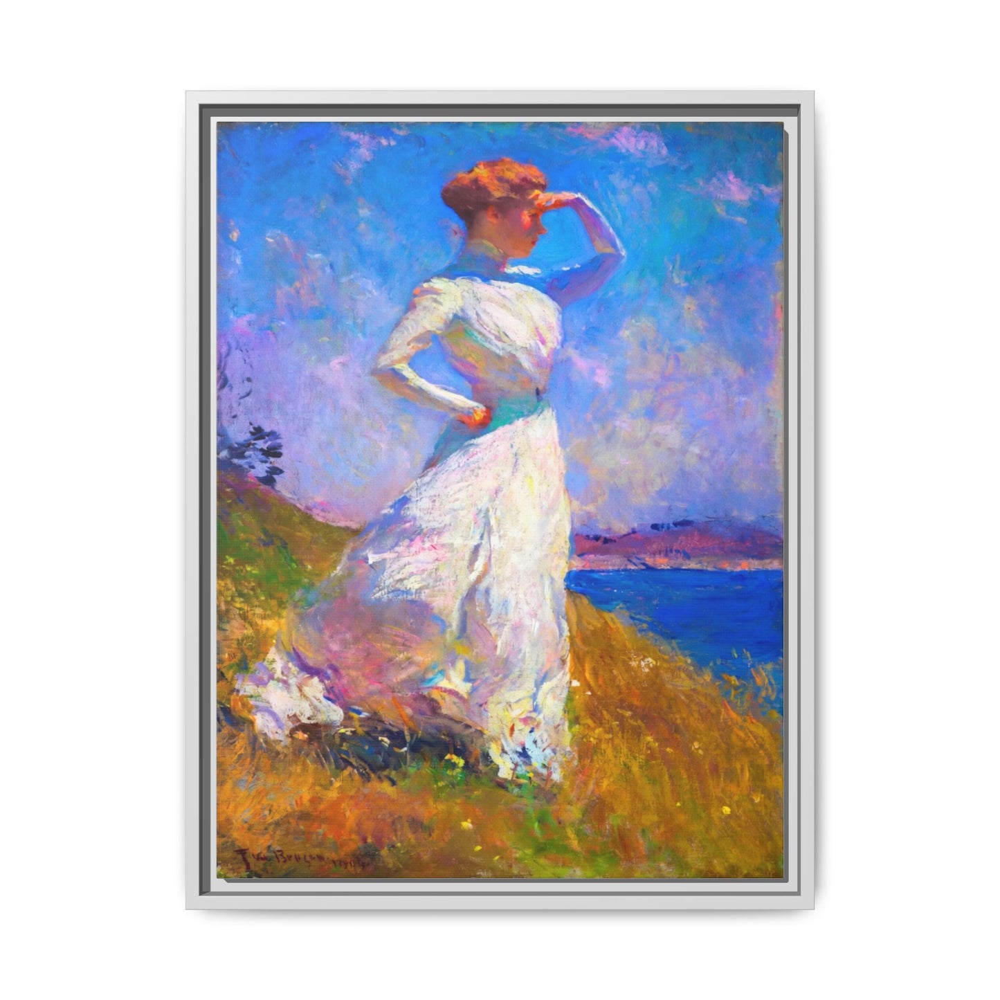 Framed Matte Canvas Art - Woman in White Seaside Impressionist Print