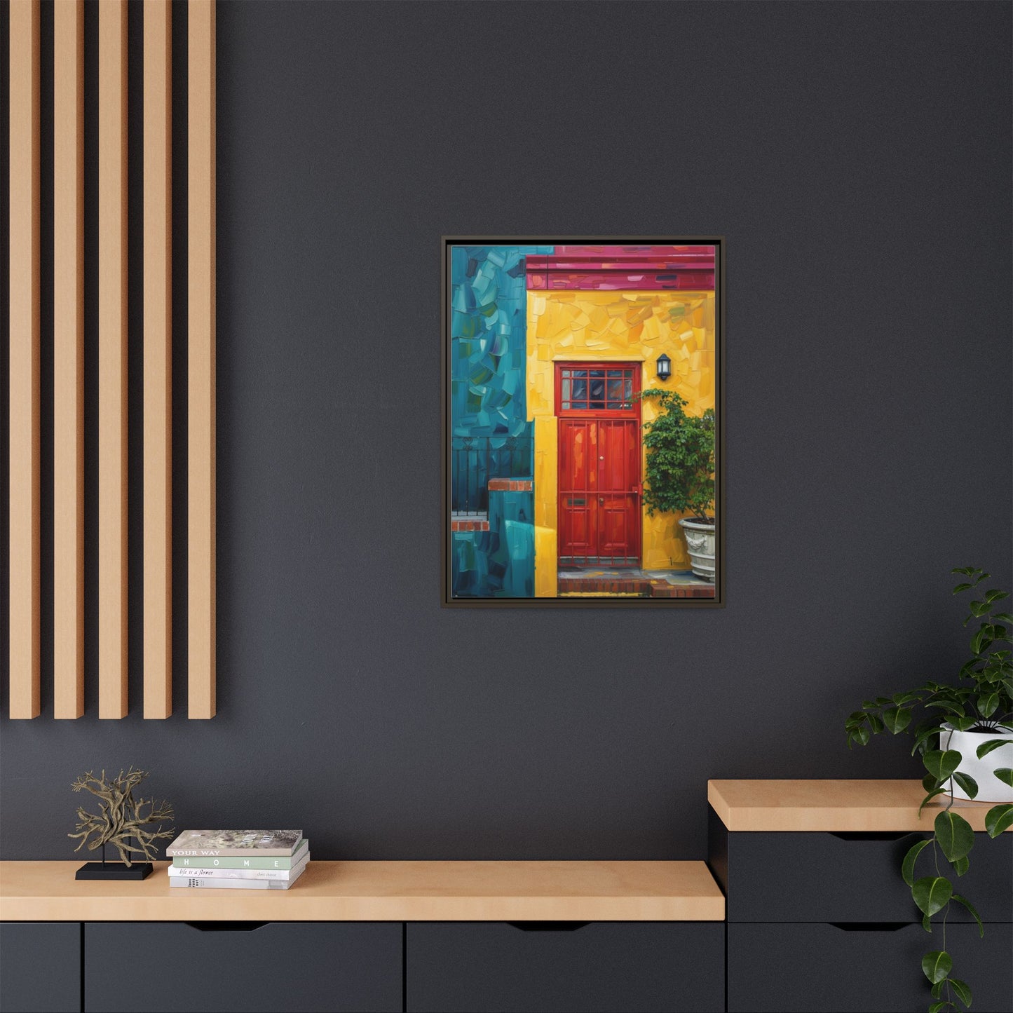 Framed Matte Canvas Wall Art — Colorful Red Door on Yellow Facade