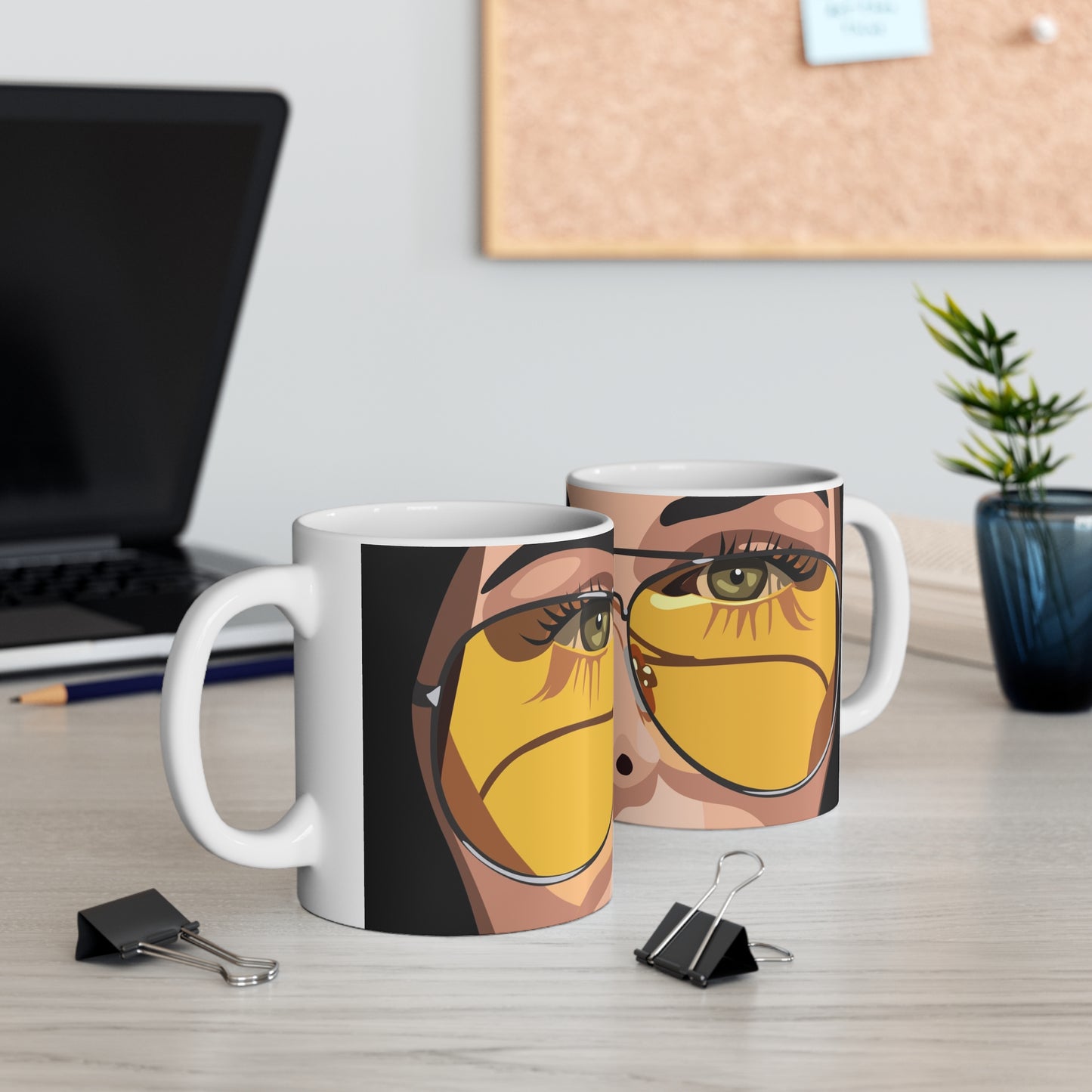 11oz Mug — Retro Yellow Aviator Sunglasses Face Art Coffee Cup