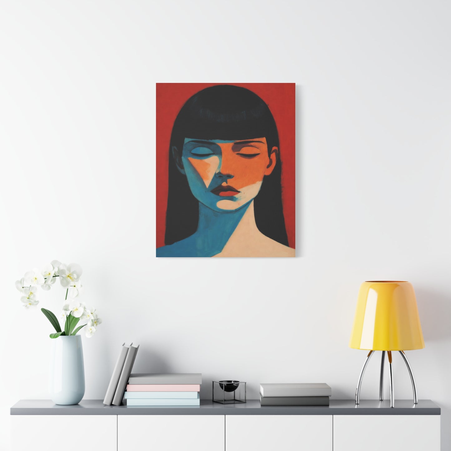 Portrait Canvas Wall Art — Modern Minimalist Woman in Red & Blue