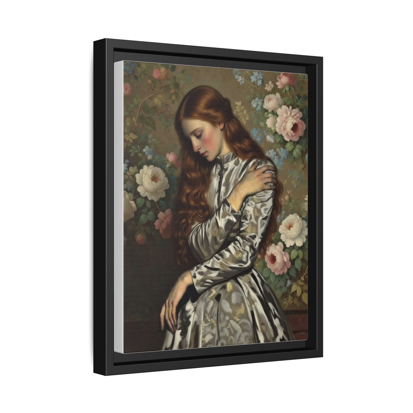 Framed Matte Canvas Art — Vintage Floral Portrait of a Young Woman