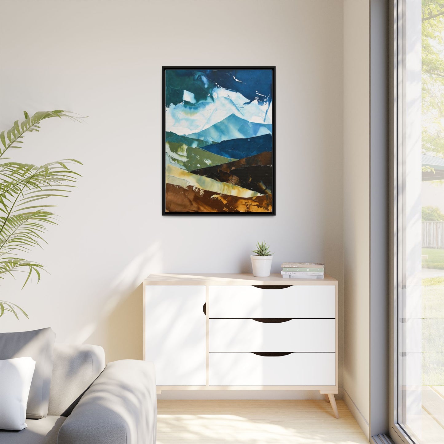 Framed Abstract Mountain Canvas Art — Blue & Earthtone Landscape Print
