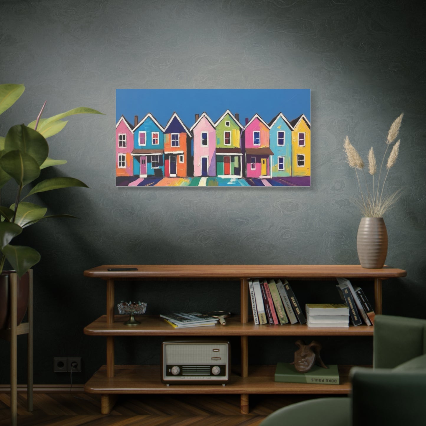 Colorful Row Houses Matte Canvas Print Vibrant Coastal Neighborhood Wall Art