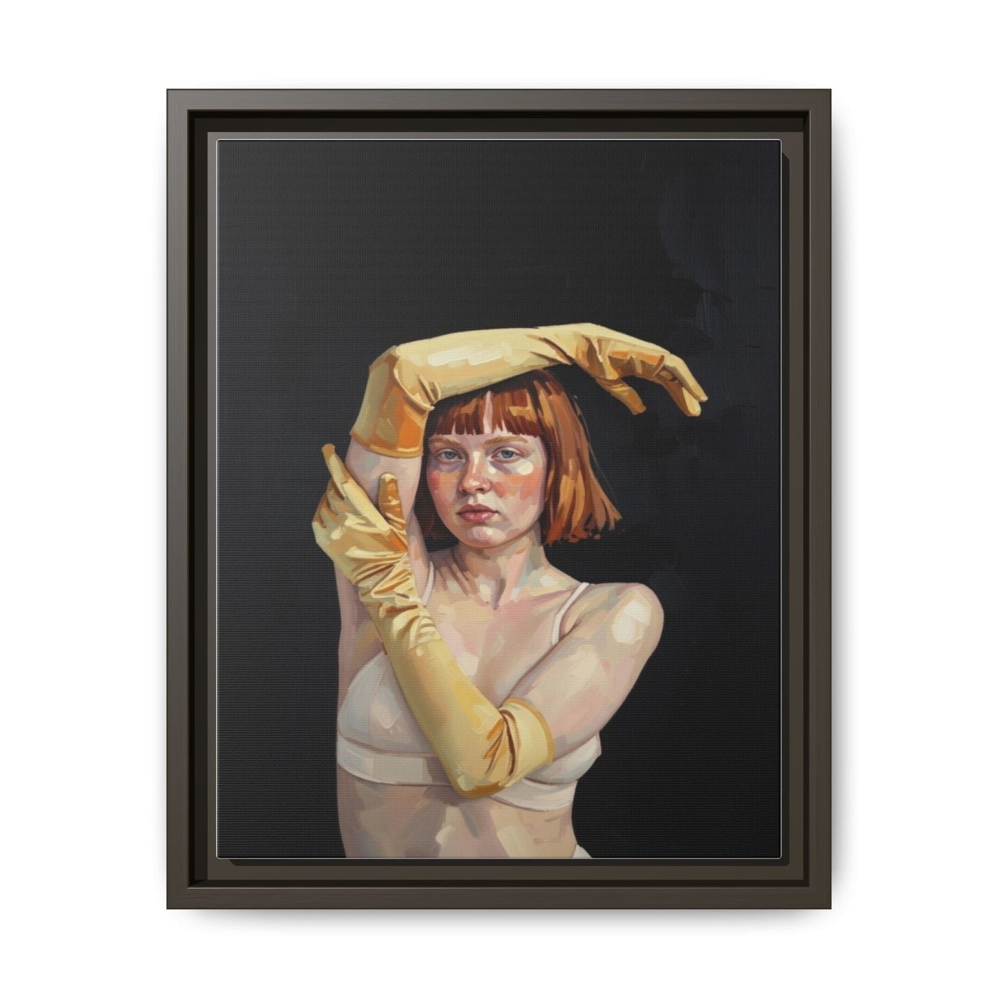 Framed Matte Canvas Art – Portrait of Woman in Yellow Gloves