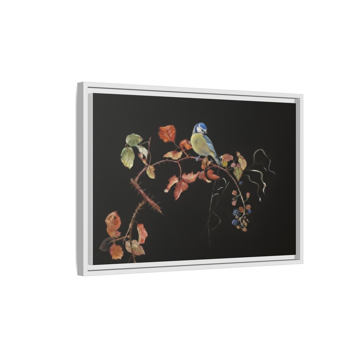 Framed Matte Canvas - Blue Tit on Autumn Branch Wall Art