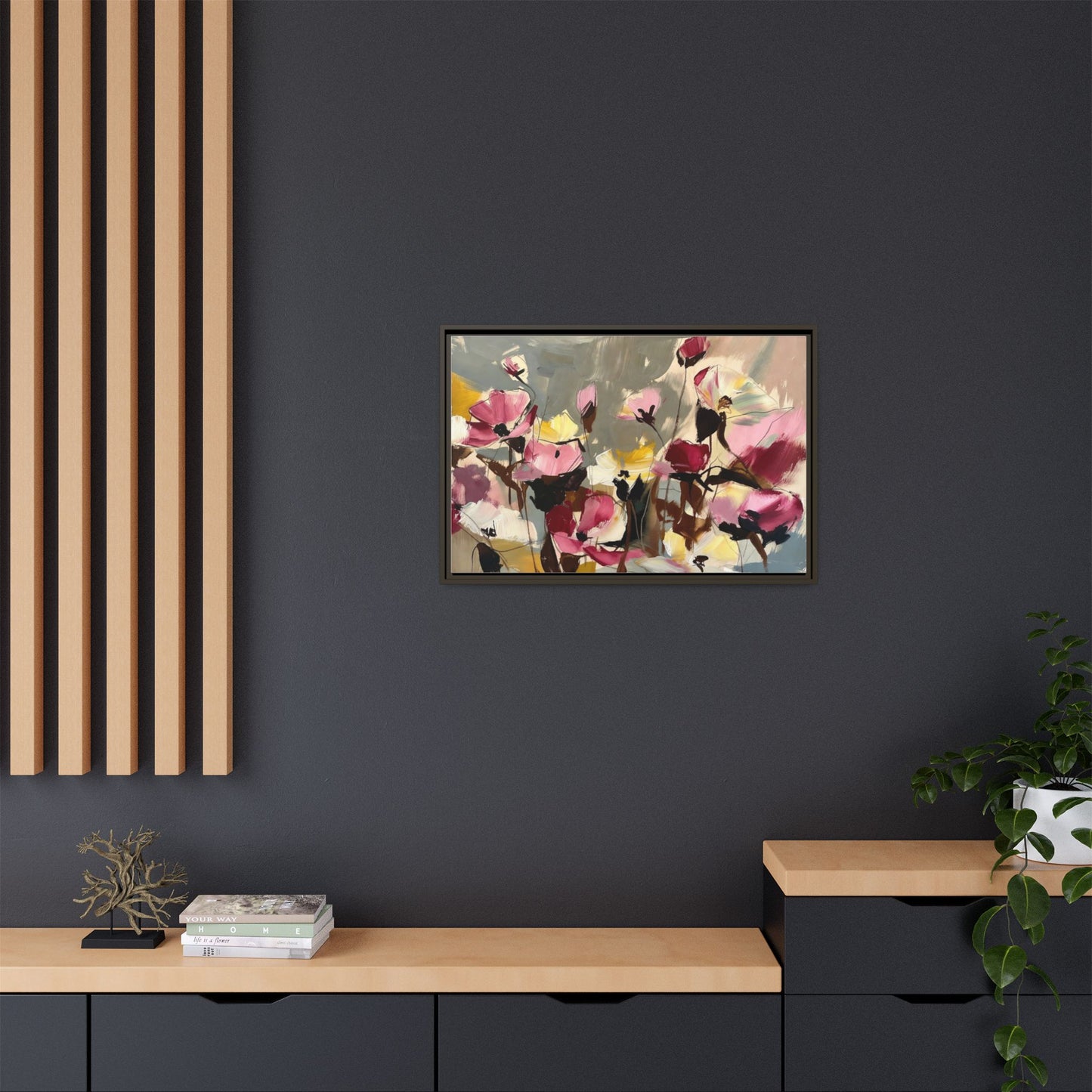 Framed Floral Canvas Wall Art — Abstract Pink & Yellow Flowers
