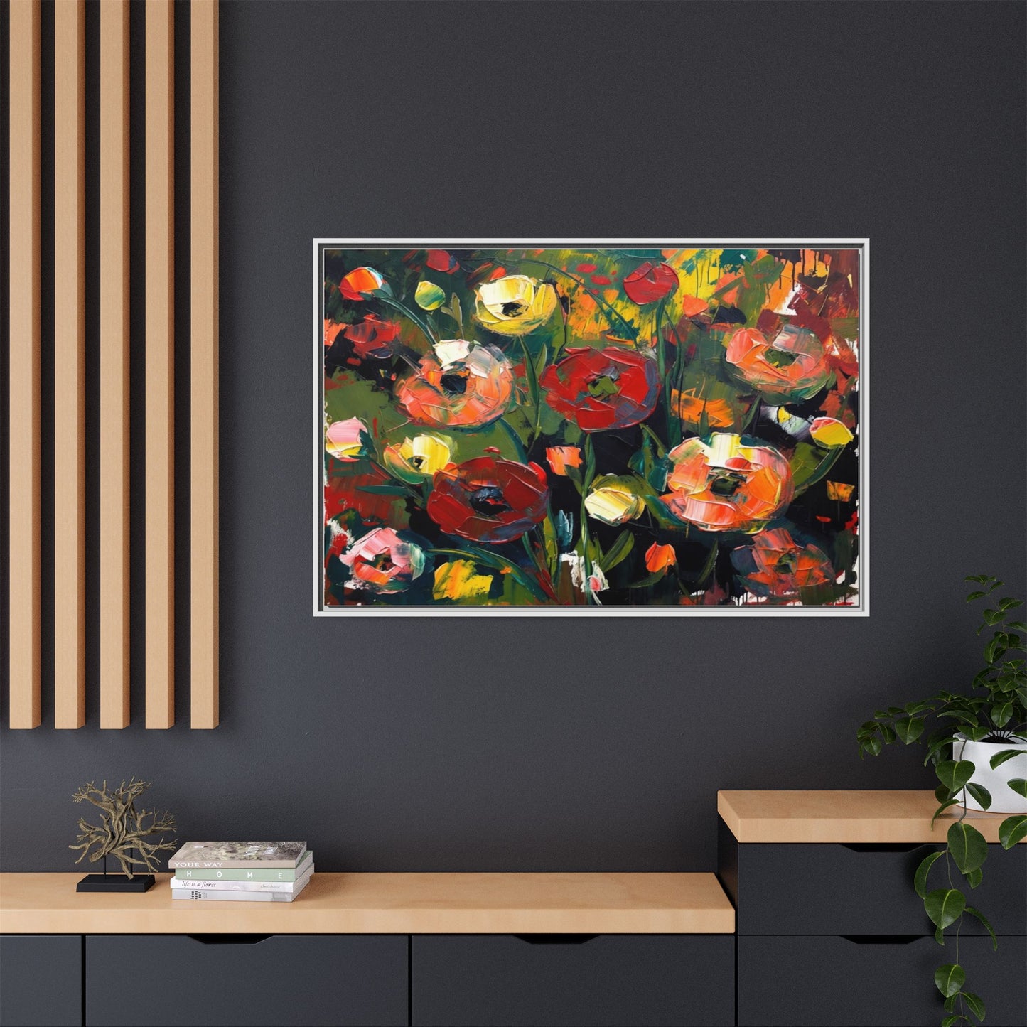 Framed Floral Canvas Print — Vibrant Abstract Poppies Wall Art