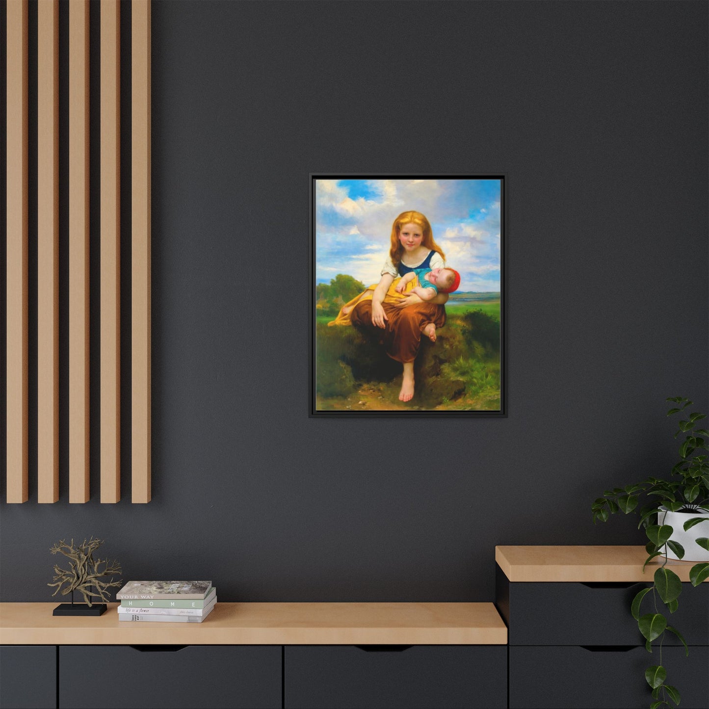 Young Girl Holding Sleeping Baby Canvas Print, Framed Wall Art