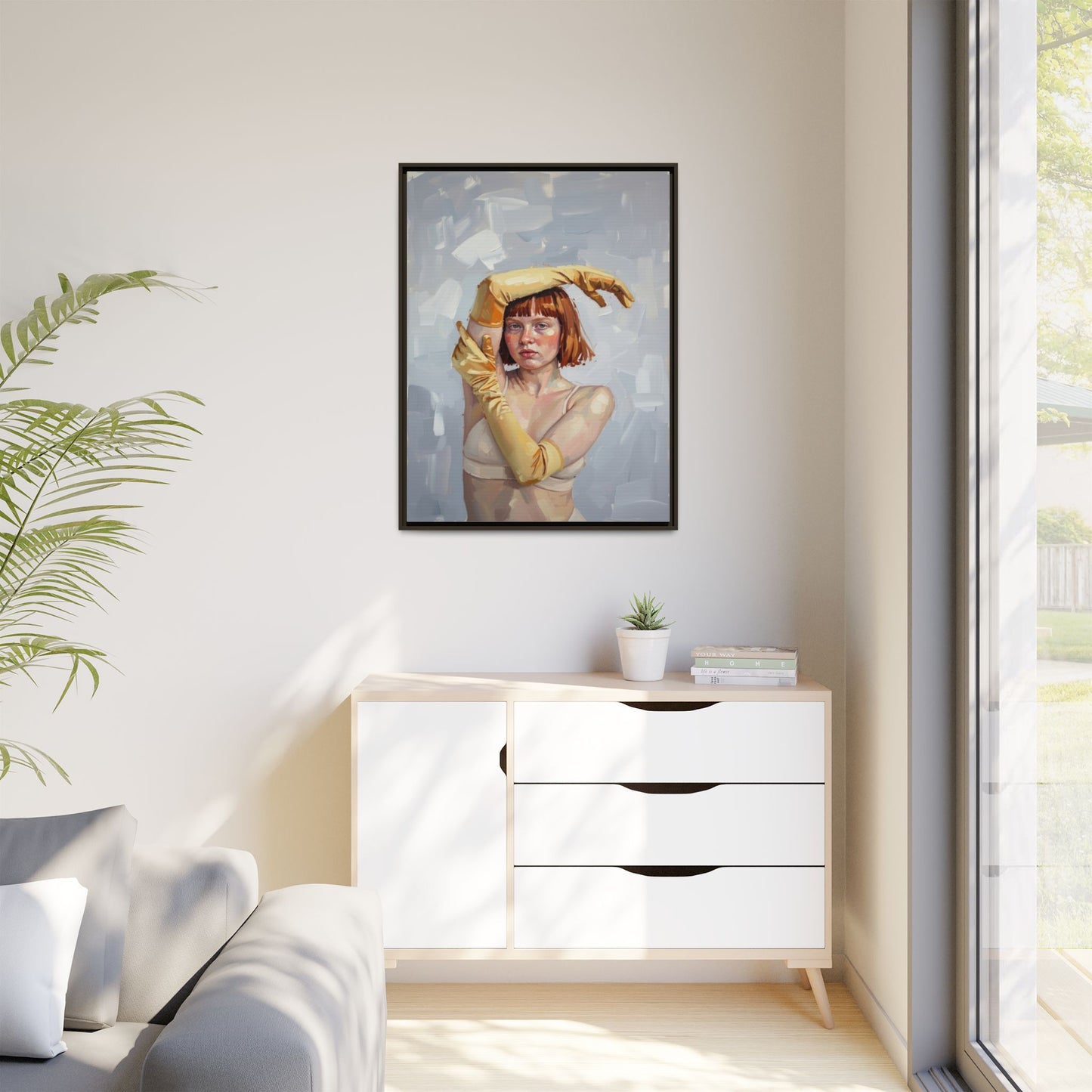Contemporary Portrait Canvas Print — Woman with Yellow Gloves (Framed Matte)