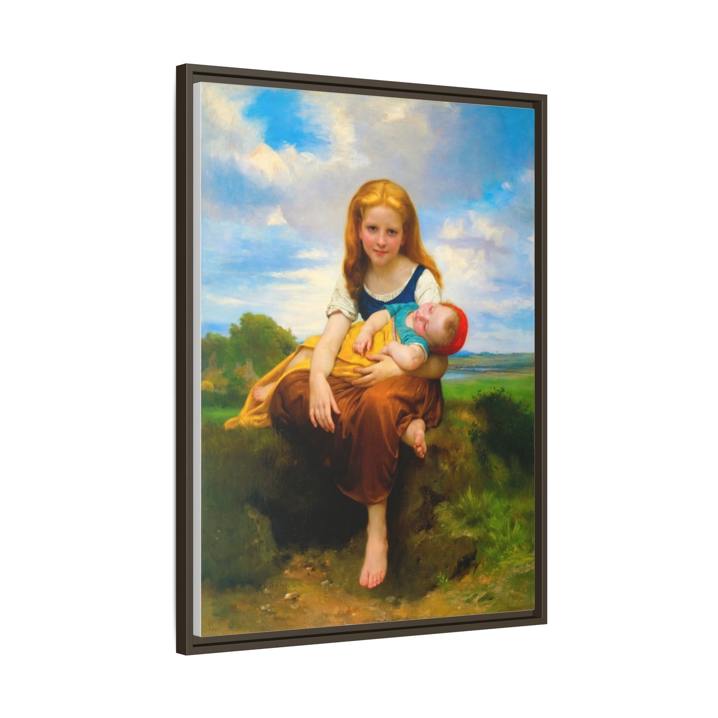 Young Girl Holding Sleeping Baby Canvas Print, Framed Wall Art