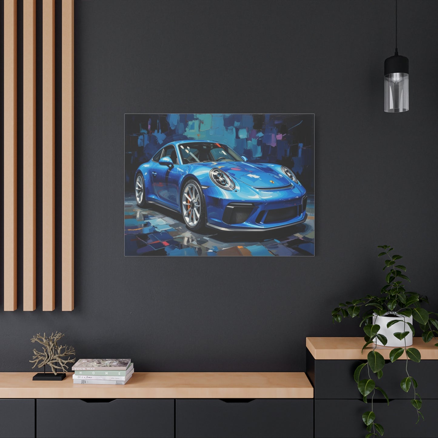 Blue Sports Car Canvas Wall Art — Modern Automotive Painting on Stretched Matte Canvas