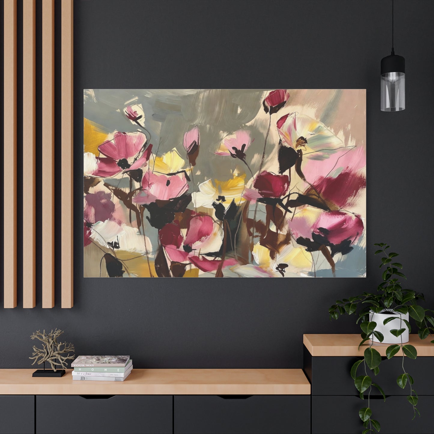 Floral Abstract Canvas Wall Art — Pink & Yellow Bloom Stretched Matte Print