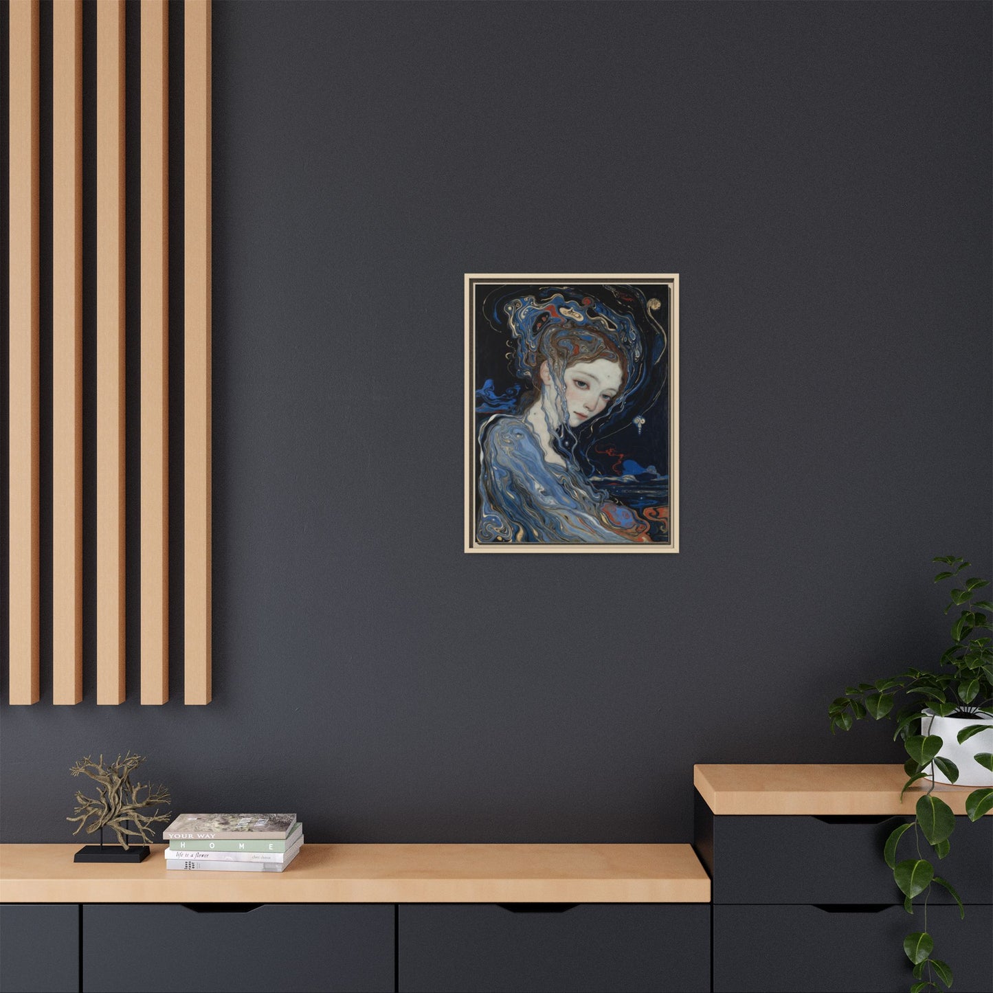 Framed Matte Canvas Art Print — Surreal Blue Maiden Portrait
