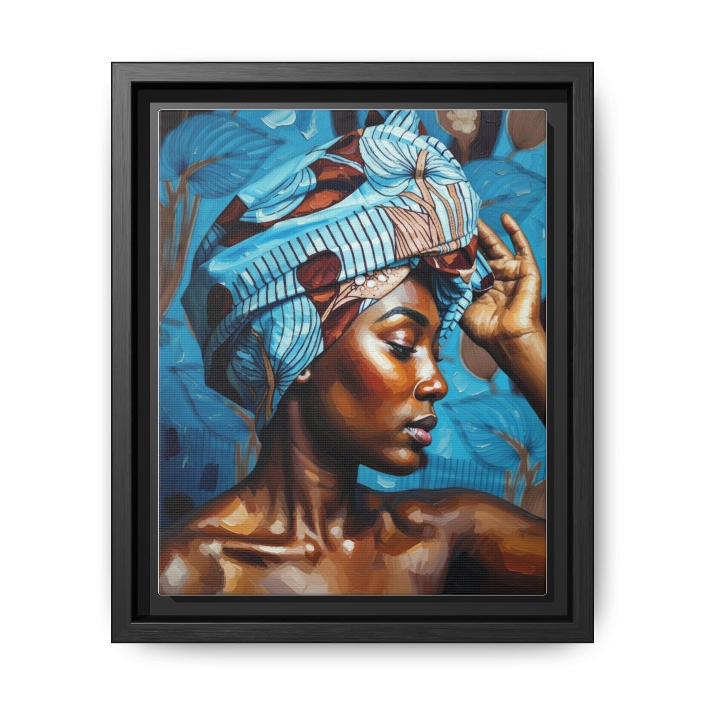Framed Canvas Art — Portrait of Woman in Blue Headwrap