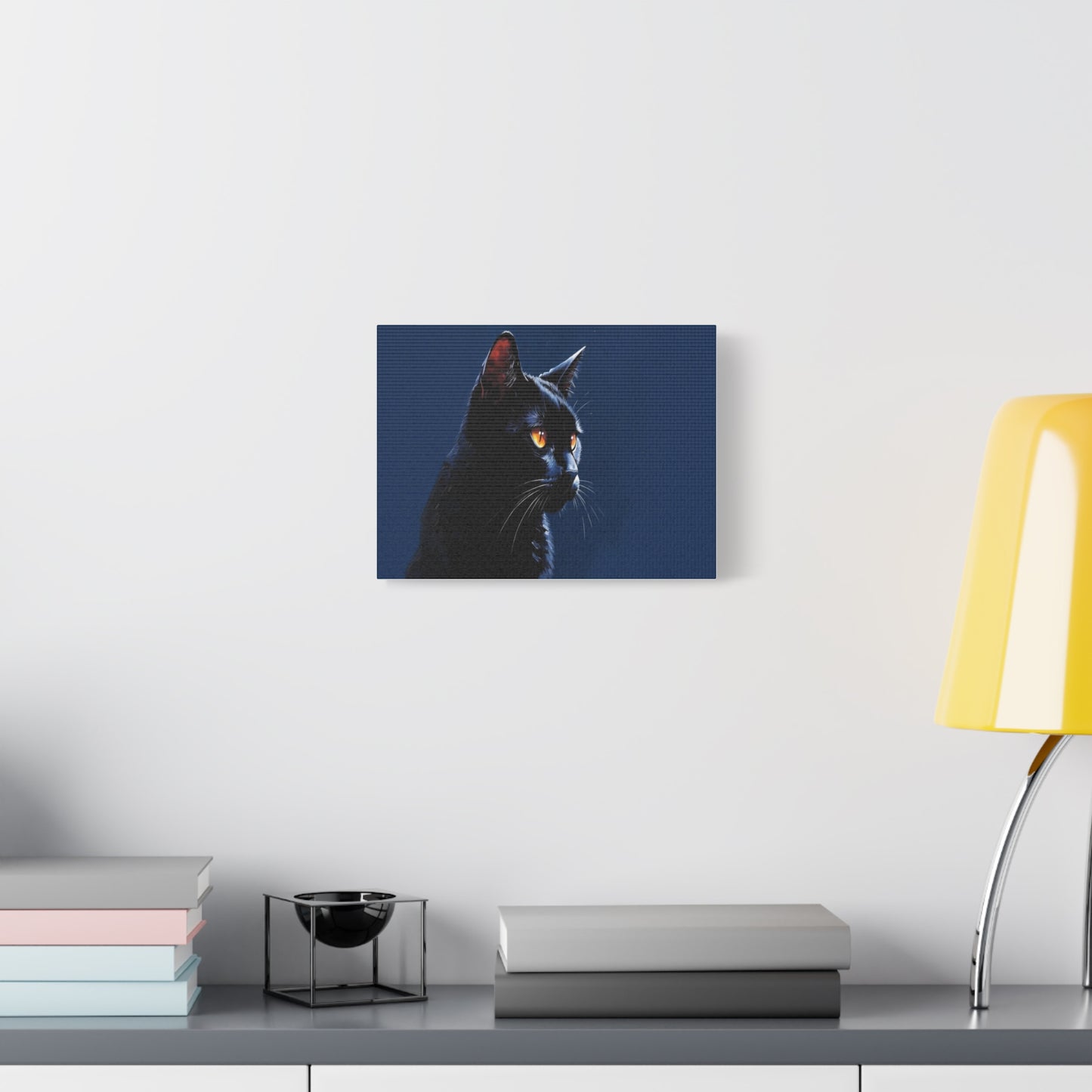 Matte Black Cat on blue background Canvas, Stretched, 1.25"