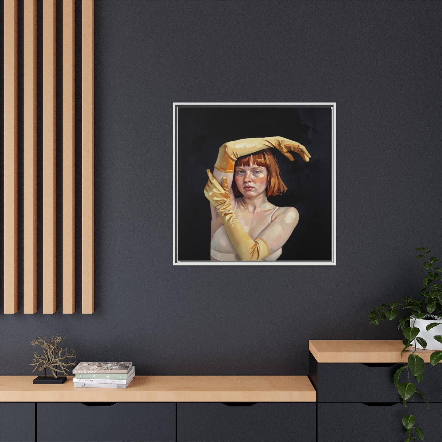 Framed Matte Canvas Art – Portrait of Woman in Yellow Gloves