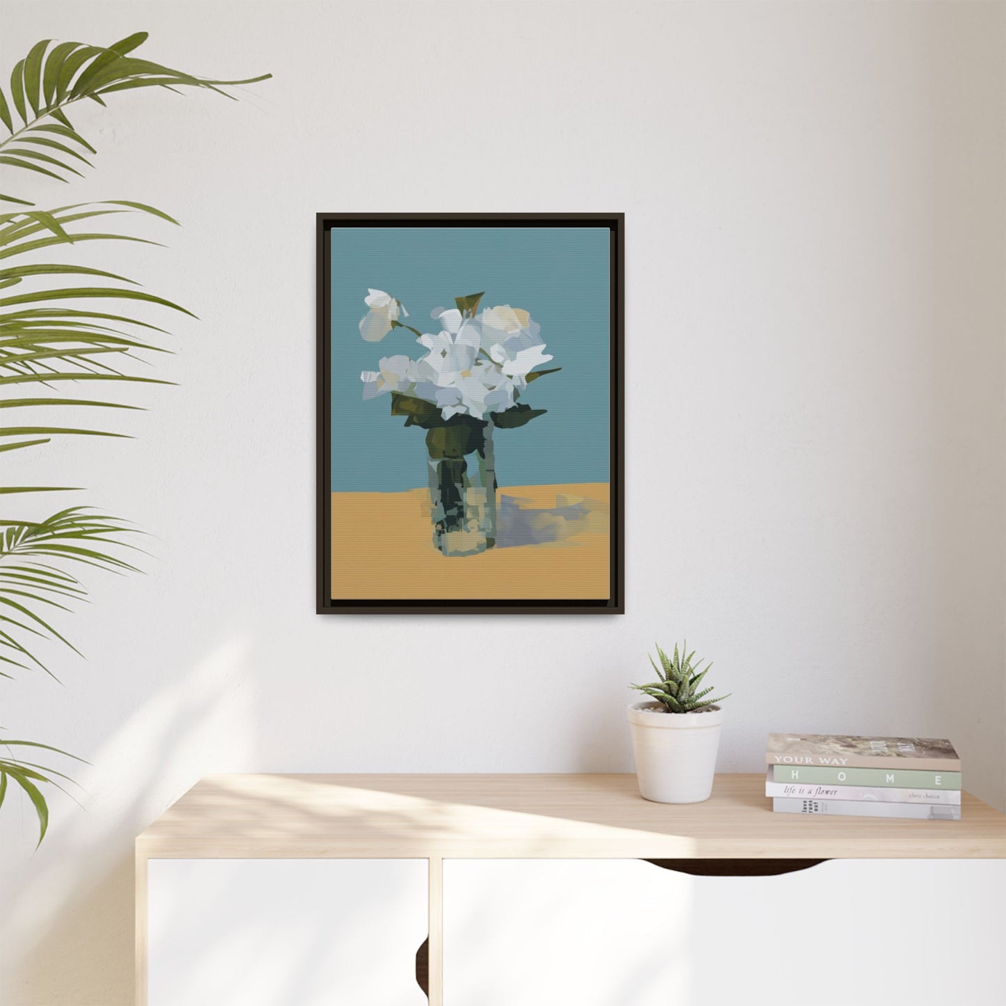 Framed Floral Still Life Canvas Art — Modern White Bouquet Wall Art