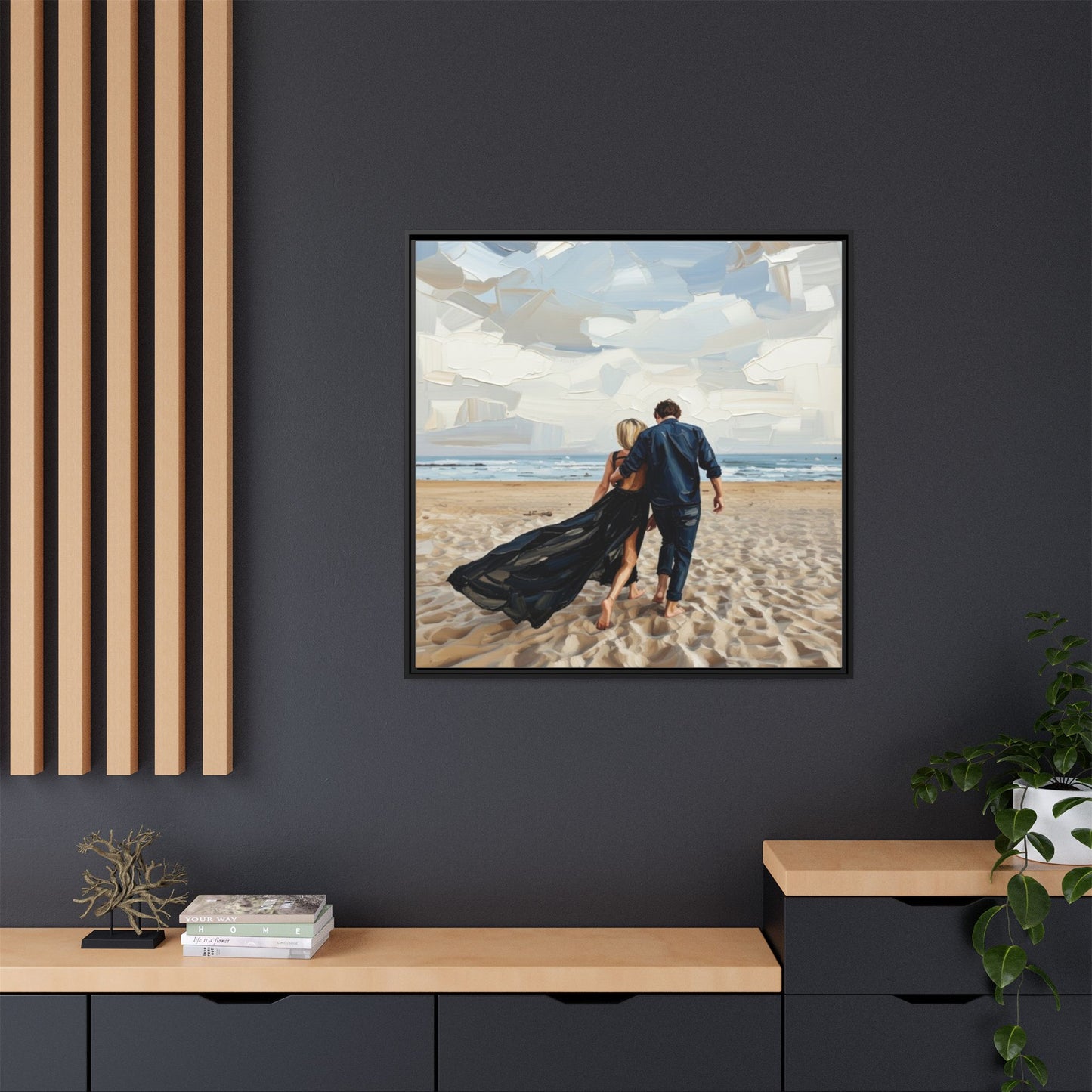 Framed Canvas Wall Art — Romantic Couple Walking on Beach Print