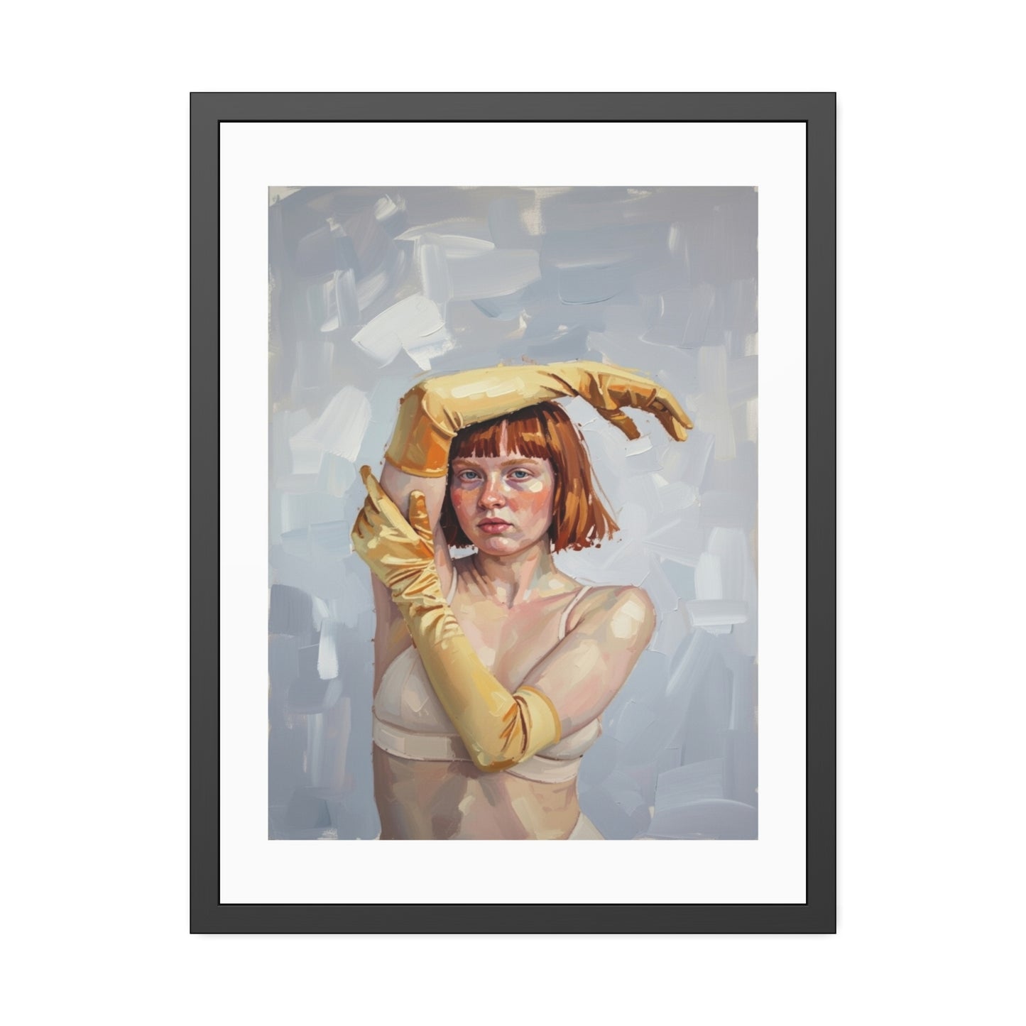 Framed Art Print — Portrait of Woman in Yellow Gloves (Modern Figurative Wall Art)