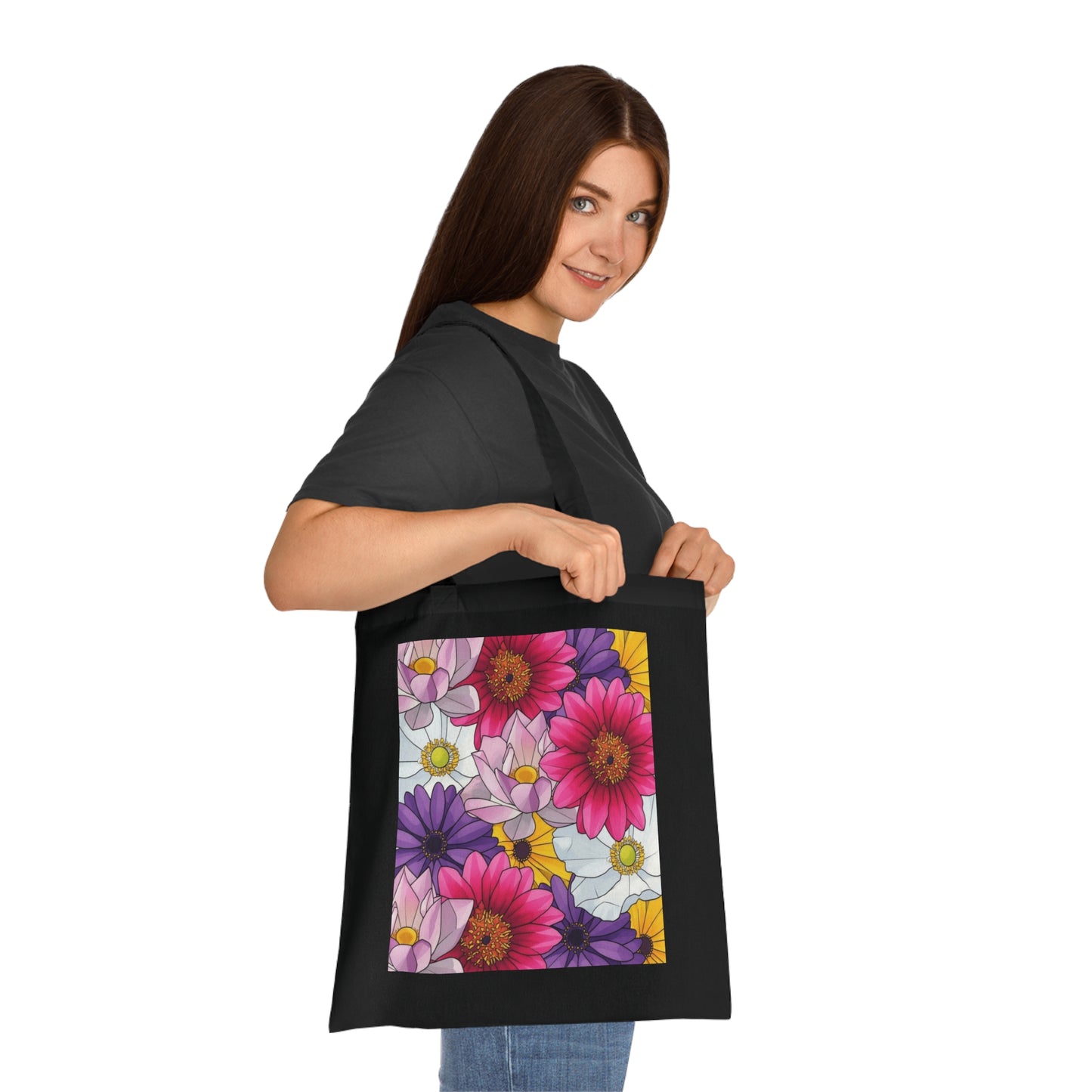 Floral Burst Cotton Tote Bag — Colorful Daisy & Gerbera Garden Print