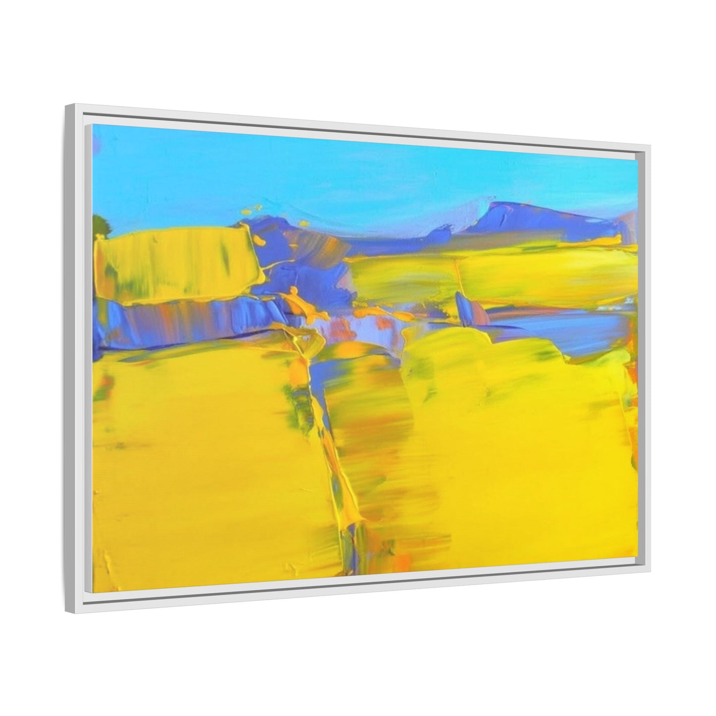 Framed Matte Canvas  Vibrant Yellow Blue Abstract Landscape Art