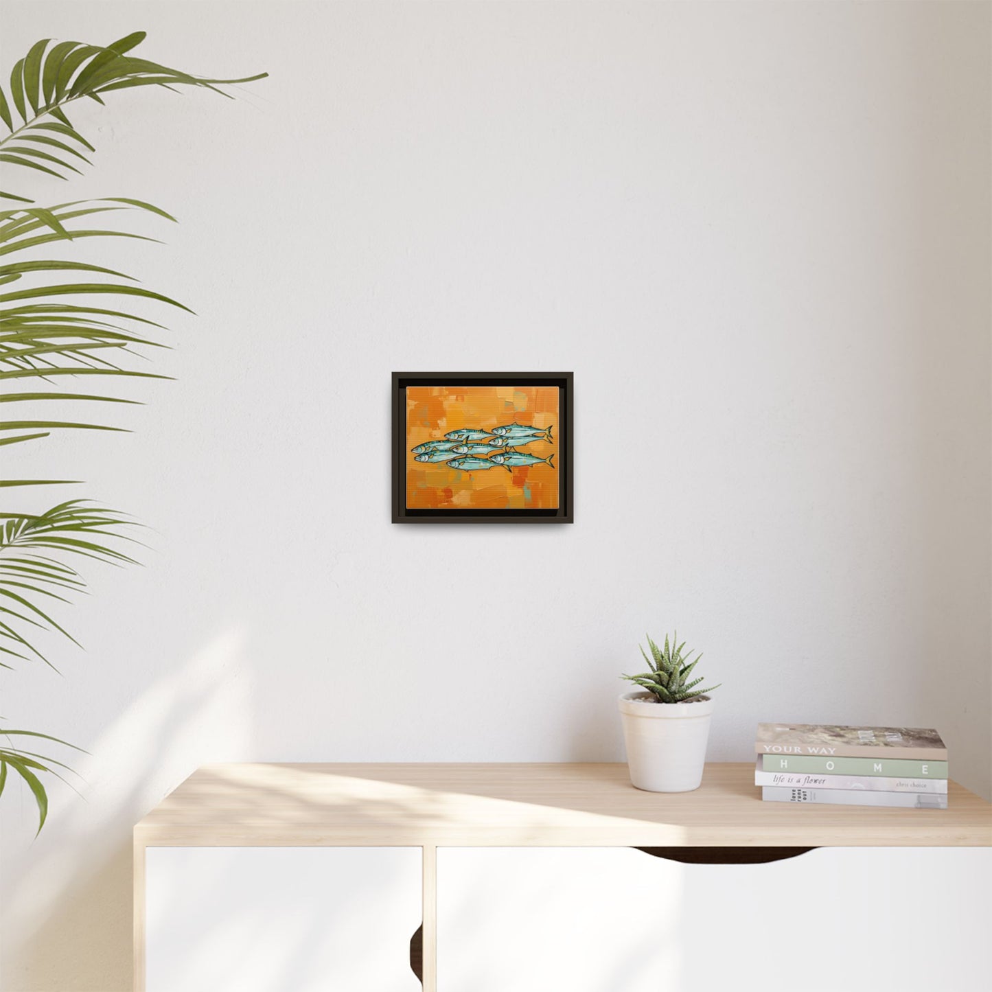 Framed Matte Canvas Print — School of Blue Fish on Orange Abstract Background