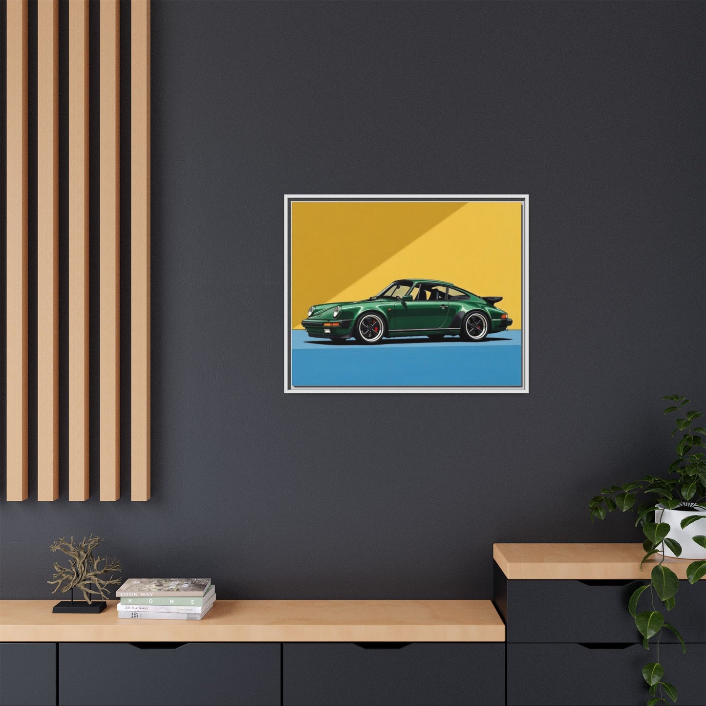 Framed Matte Canvas — Green Sports Car Wall Art