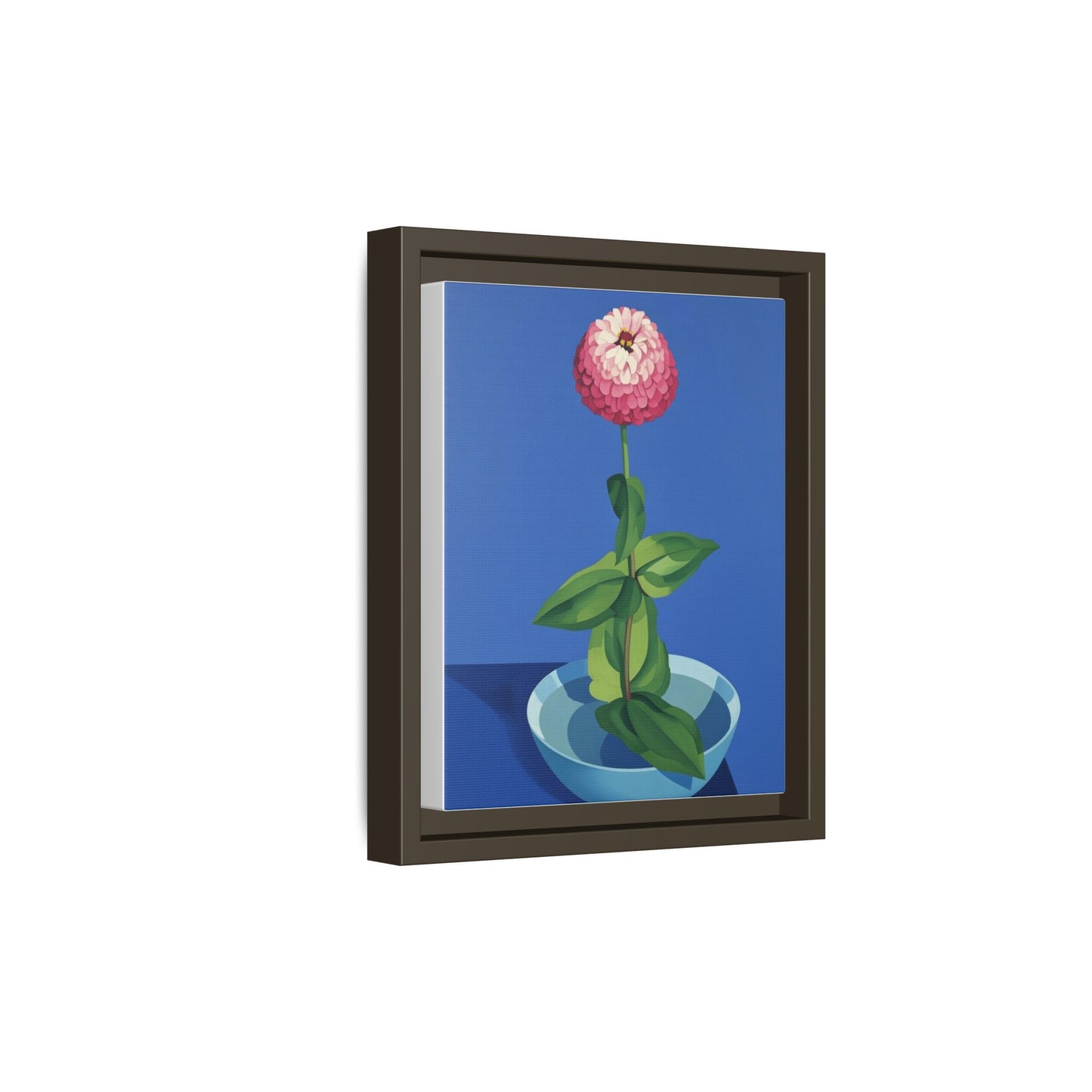 Framed Matte Canvas Art — Pink Zinnia in Blue Bowl (Botanical Still Life)