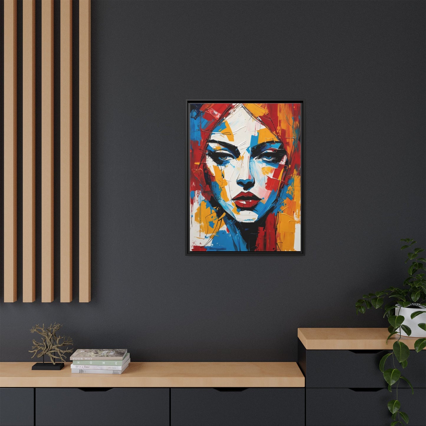 Framed Abstract Portrait Canvas — Colorful Female Face Wall Art