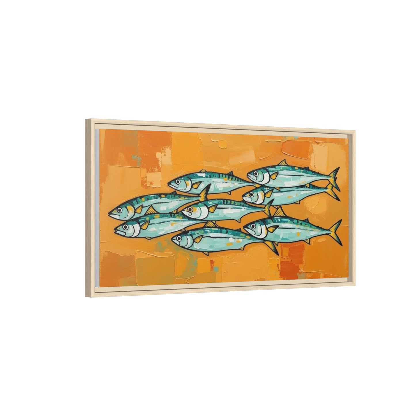 Framed Matte Canvas Print — School of Blue Fish on Orange Abstract Background