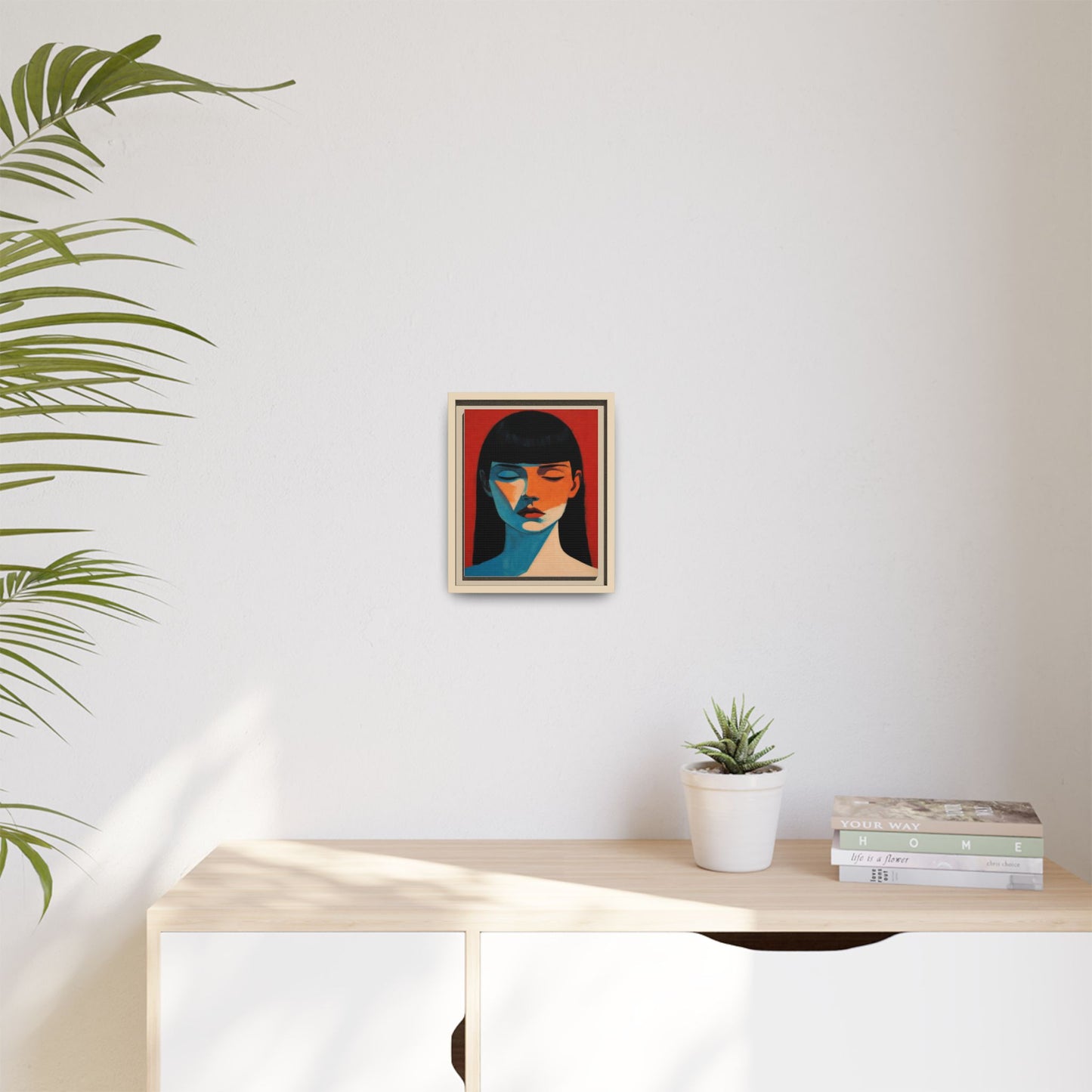 Framed Matte Canvas Art – Minimalist Portrait in Red & Teal