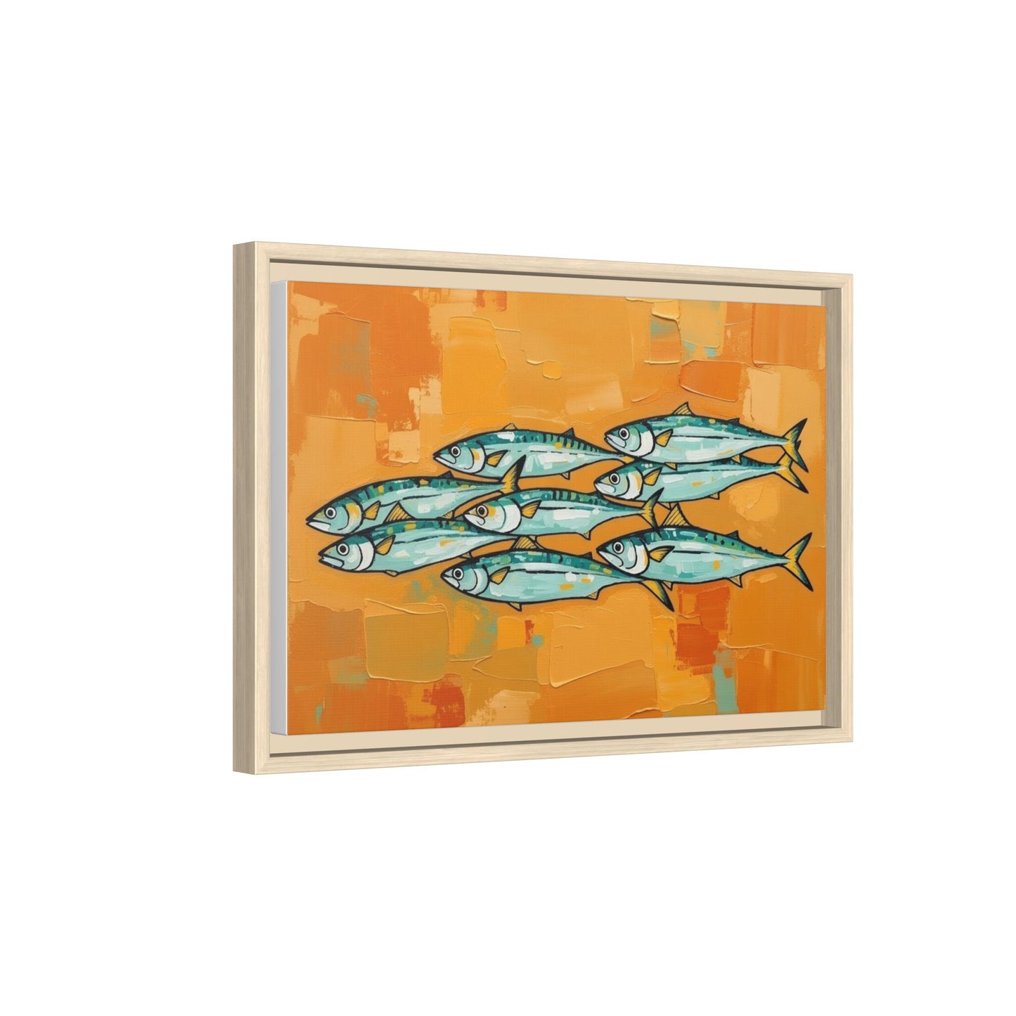 Framed Matte Canvas Print — School of Blue Fish on Orange Abstract Background