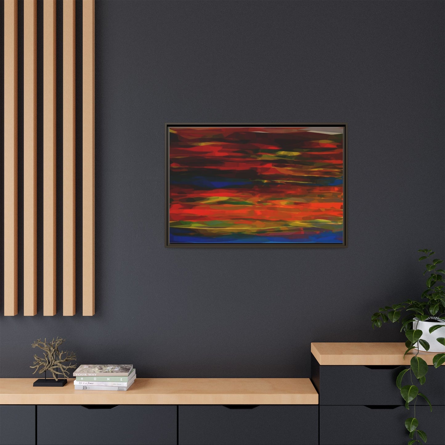 Abstract Multi-Color Matte Canvas Framed Wall Art — Bold Red & Blue Modern Painting