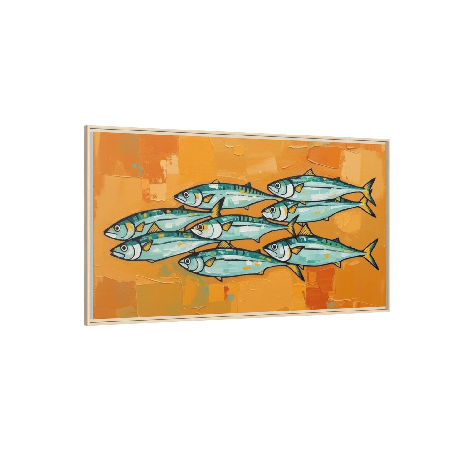 Framed Matte Canvas Print — School of Blue Fish on Orange Abstract Background