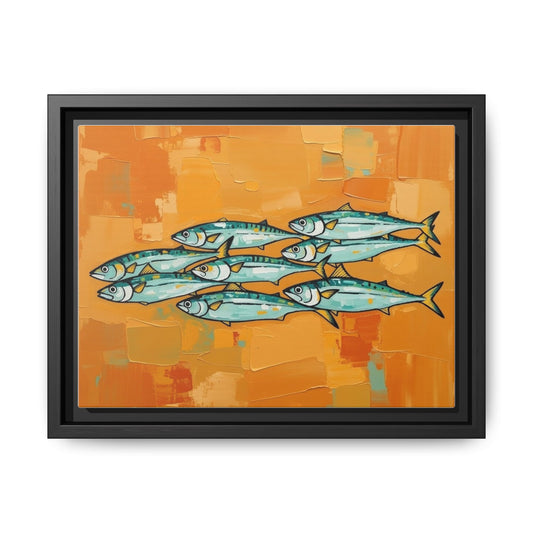 Framed Matte Canvas Print — School of Blue Fish on Orange Abstract Background