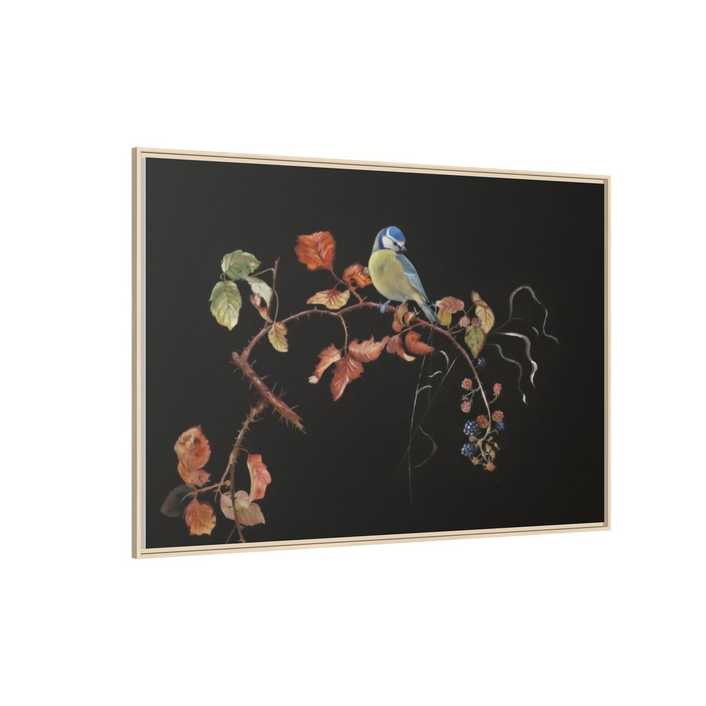 Framed Matte Canvas - Blue Tit on Autumn Branch Wall Art