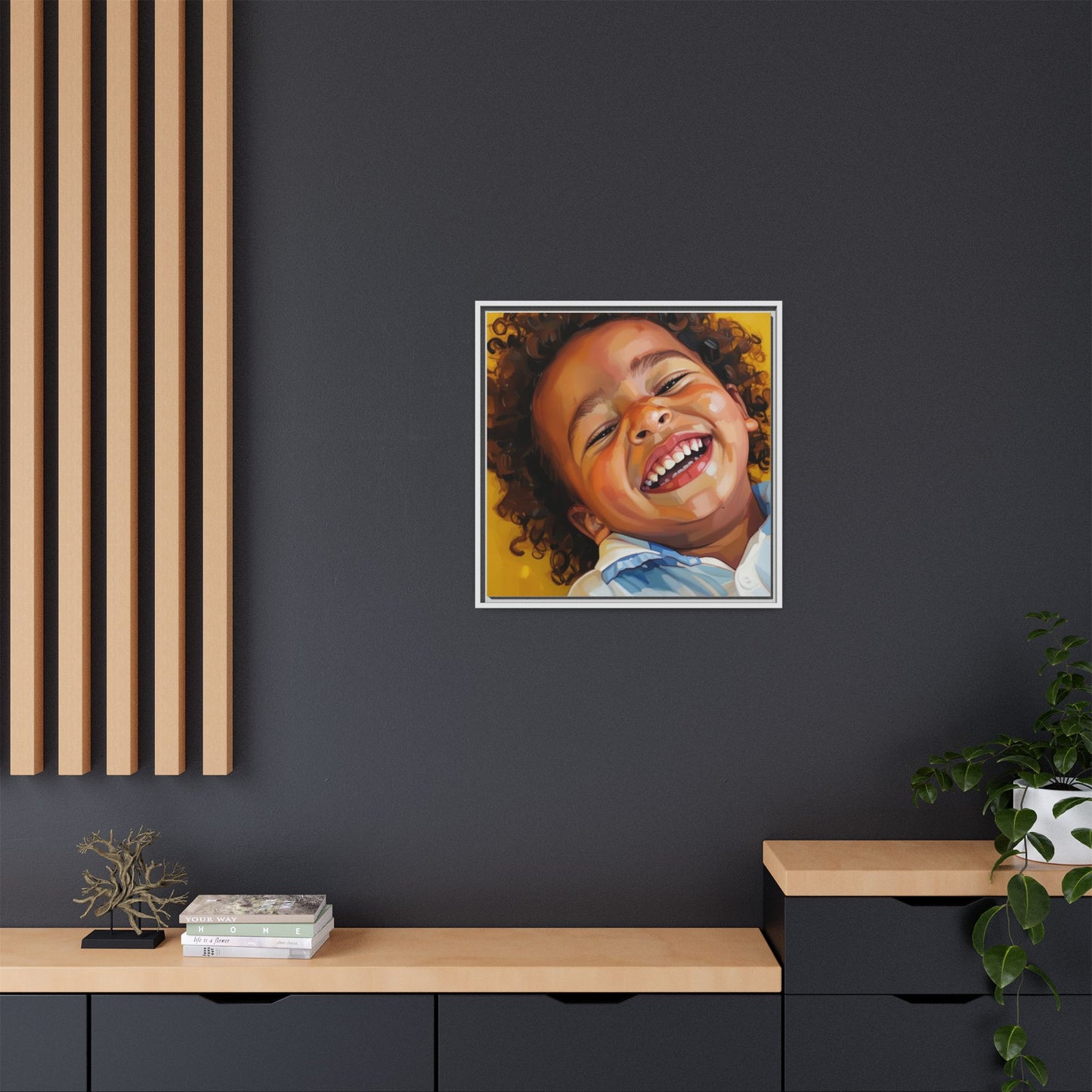 Framed Matte Canvas Print – Joyful Child Portrait, Colorful Nursery Wall Art