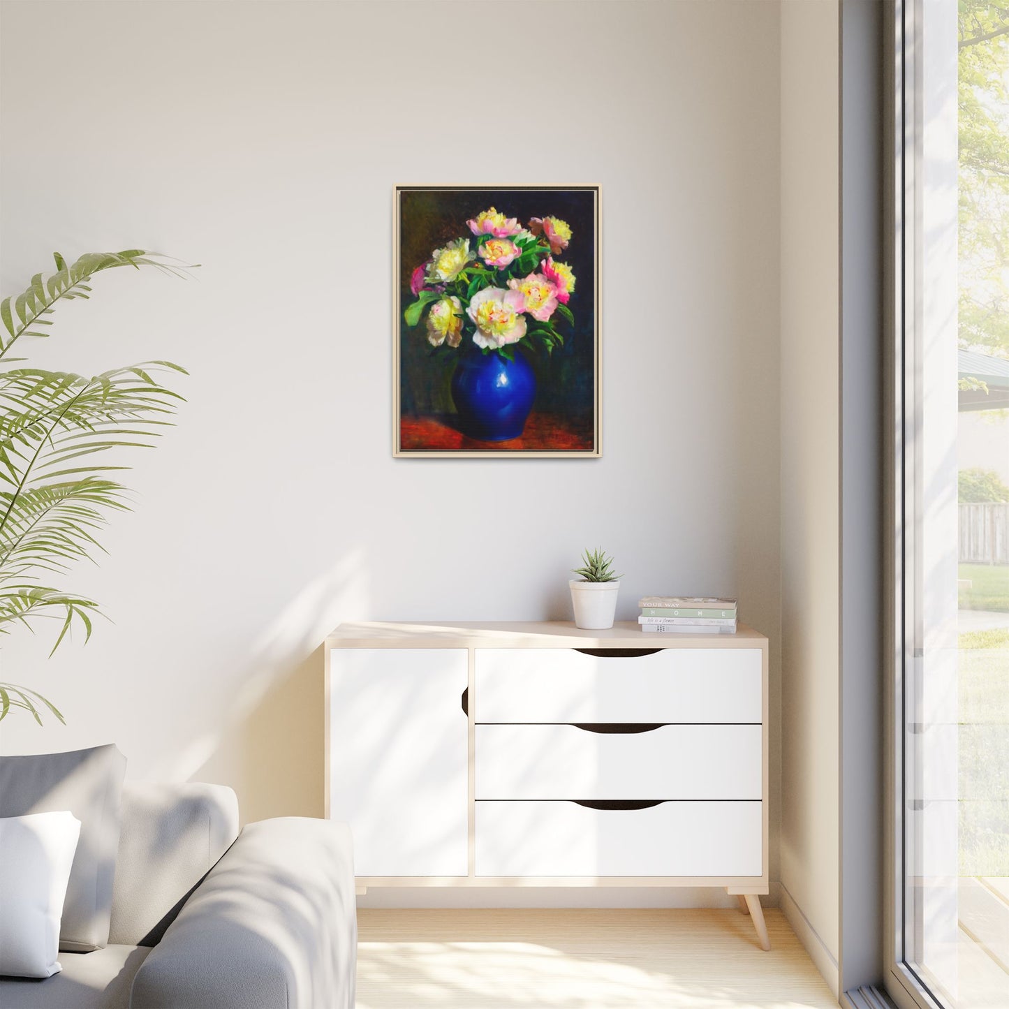 Framed Matte Canvas Wall Art — Vintage Floral Bouquet in Blue Vase