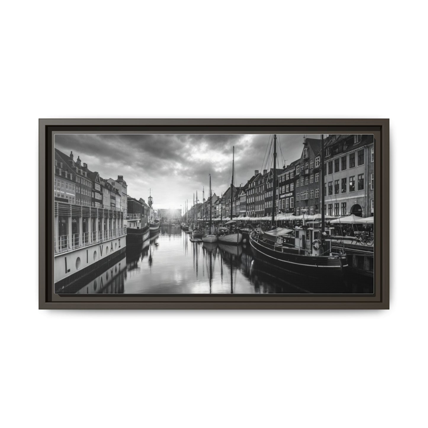 Framed Matte Canvas: Black & White Dutch Canal Photography Wall Art