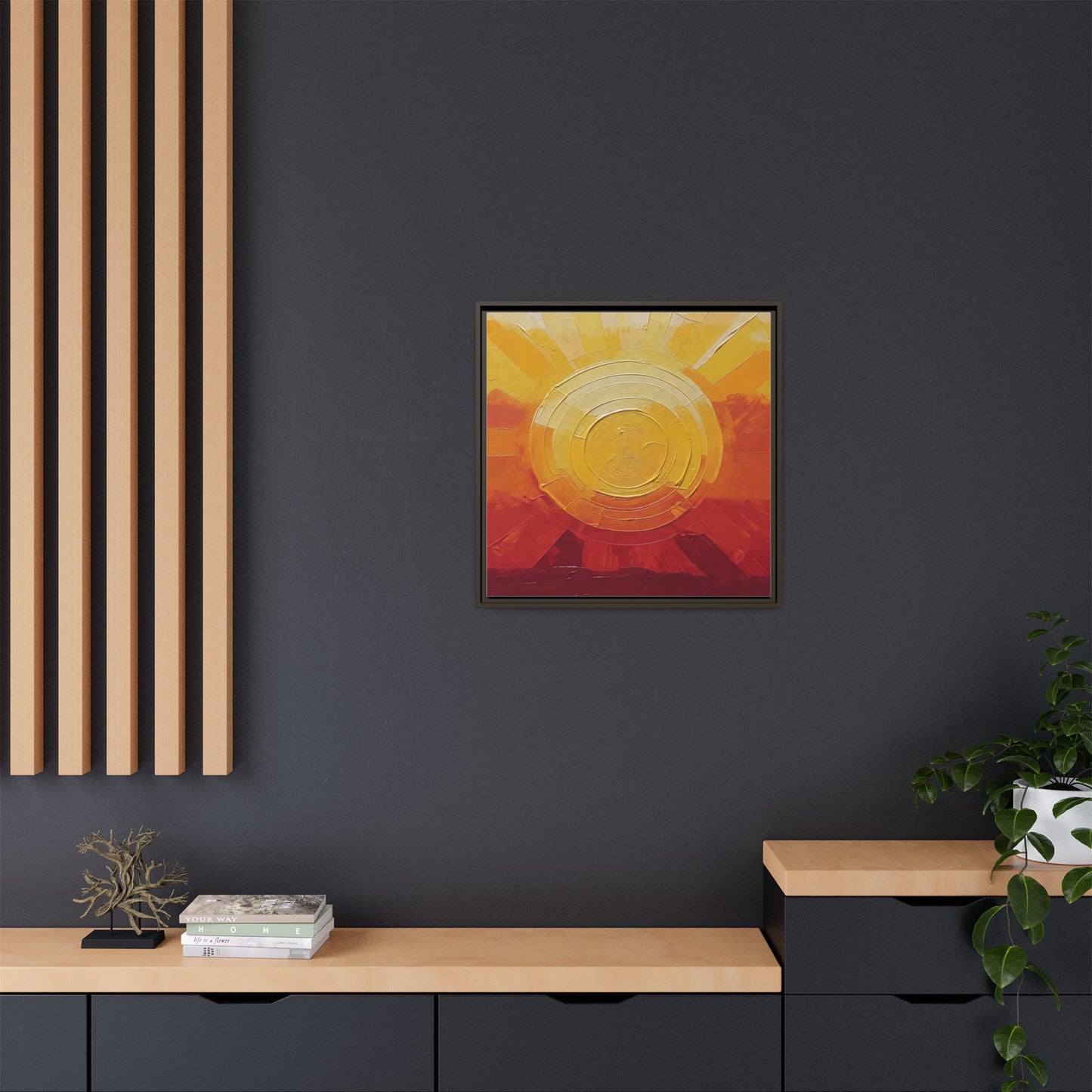 Sunburst Abstract Framed Canvas Art — Matte Multi‑Color Wall Print