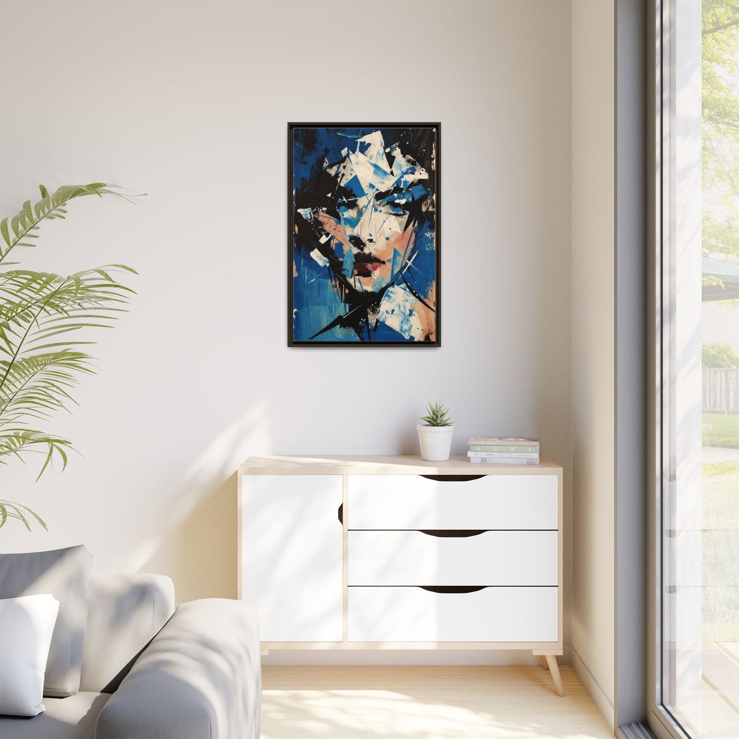 Abstract Portrait Matte Canvas Framed Wall Art — Blue Mixed-Media Face Print